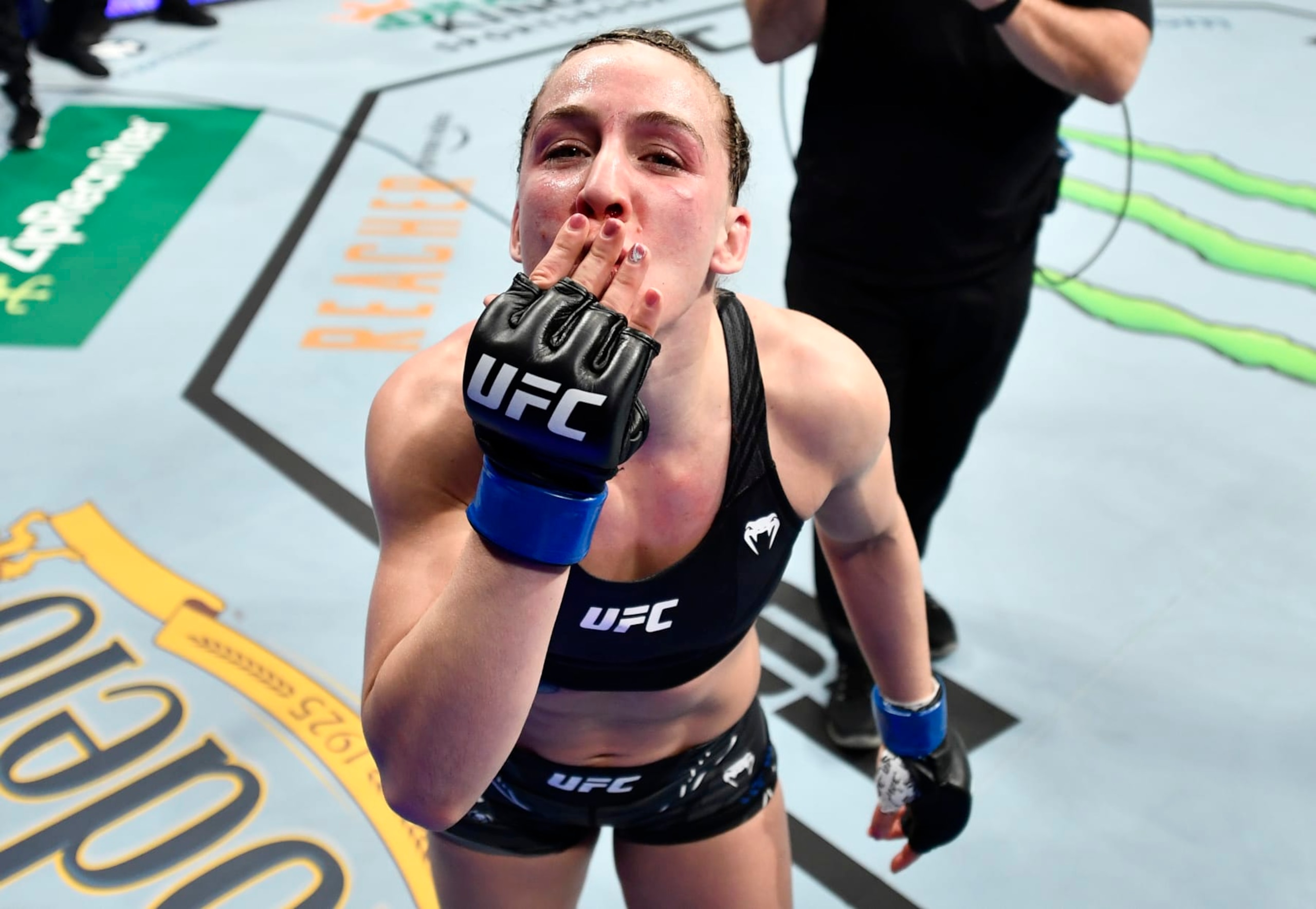 ANAHEIM, CALIFORNIA - JANUARY 22: Vanessa Demopoulos celebrates after her submission victory over Silvana Gomez Juarez of Argentina in their strawweight fight during the UFC 270 event at Honda Center on January 22, 2022 in Anaheim, California. (Photo by Chris Unger/Zuffa LLC)