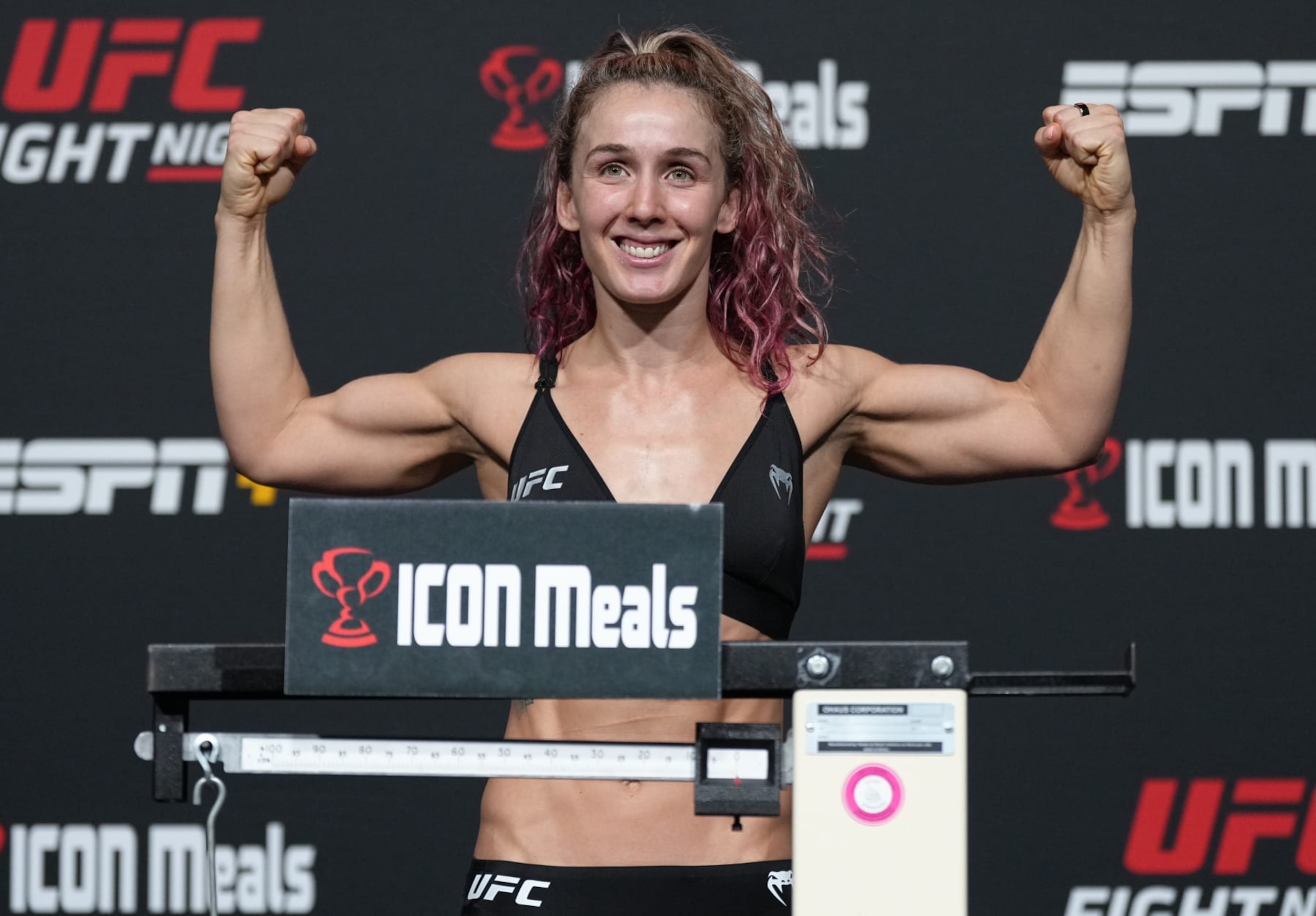 LAS VEGAS, NEVADA - JUNE 24: Vanessa Demopoulos poses on the scale during the UFC Fight Night weigh-in at UFC APEX on June 24, 2022 in Las Vegas, Nevada. (Photo by Jeff Bottari/Zuffa LLC)