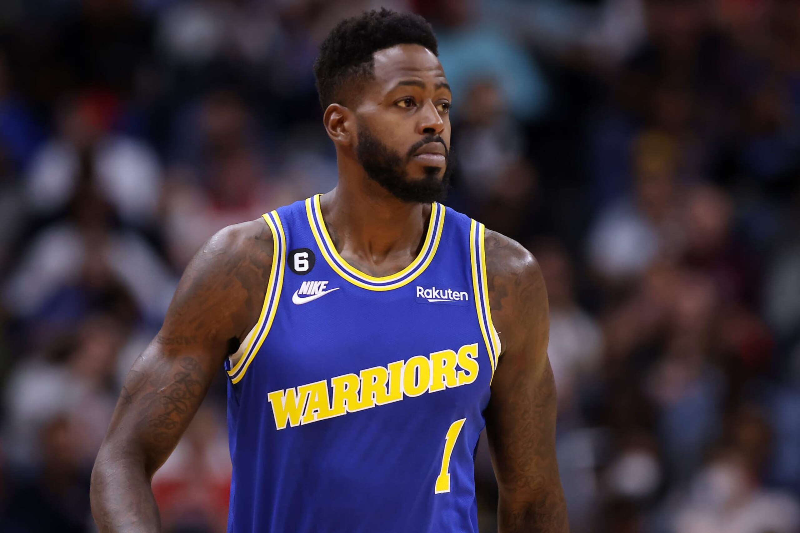 NEW ORLEANS, LOUISIANA - NOVEMBER 04: JaMychal Green #1 of the Golden State Warriors reacts against the New Orleans Pelicans during a game at the Smoothie King Center on November 04, 2022 in New Orleans, Louisiana. NOTE TO USER: User expressly acknowledges and agrees that, by downloading and or using this Photograph, user is consenting to the terms and conditions of the Getty Images License Agreement. (Photo by Jonathan Bachman/Getty Images)
