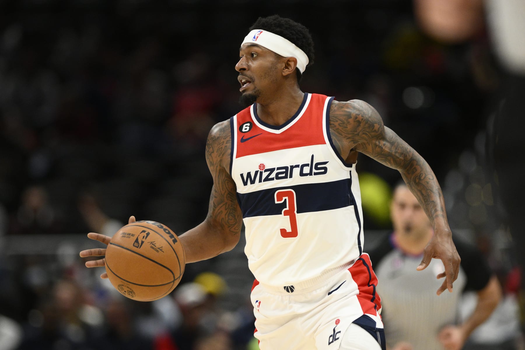 Washington Wizards guard Bradley Beal (3) in action during the first half of an NBA basketball game against the Oklahoma City Thunder, Wednesday, Nov. 16, 2022, in Washington. (AP Photo/Nick Wass)