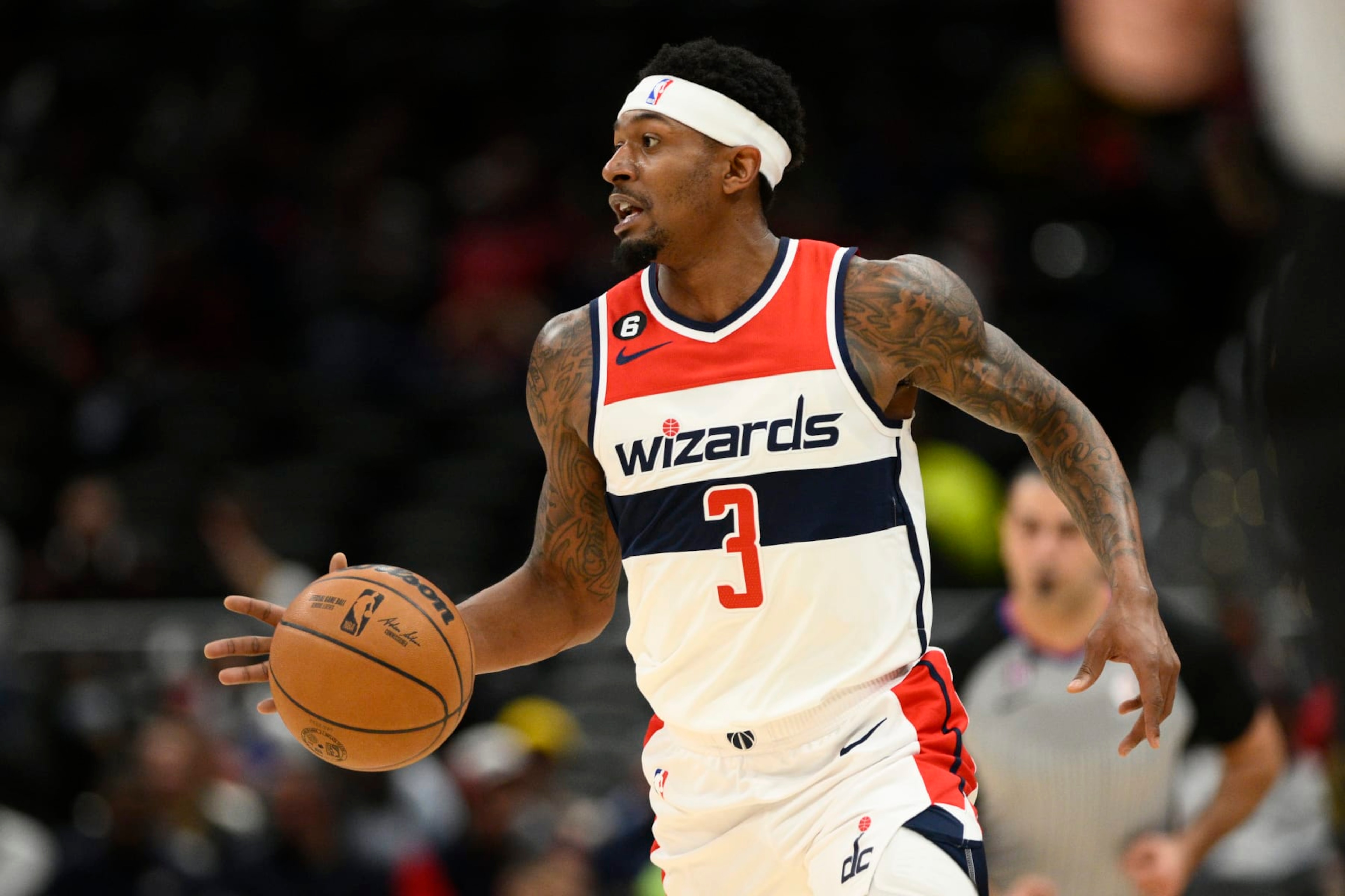 Washington Wizards guard Bradley Beal (3) in action during the first half of an NBA basketball game against the Oklahoma City Thunder, Wednesday, Nov. 16, 2022, in Washington. (AP Photo/Nick Wass)