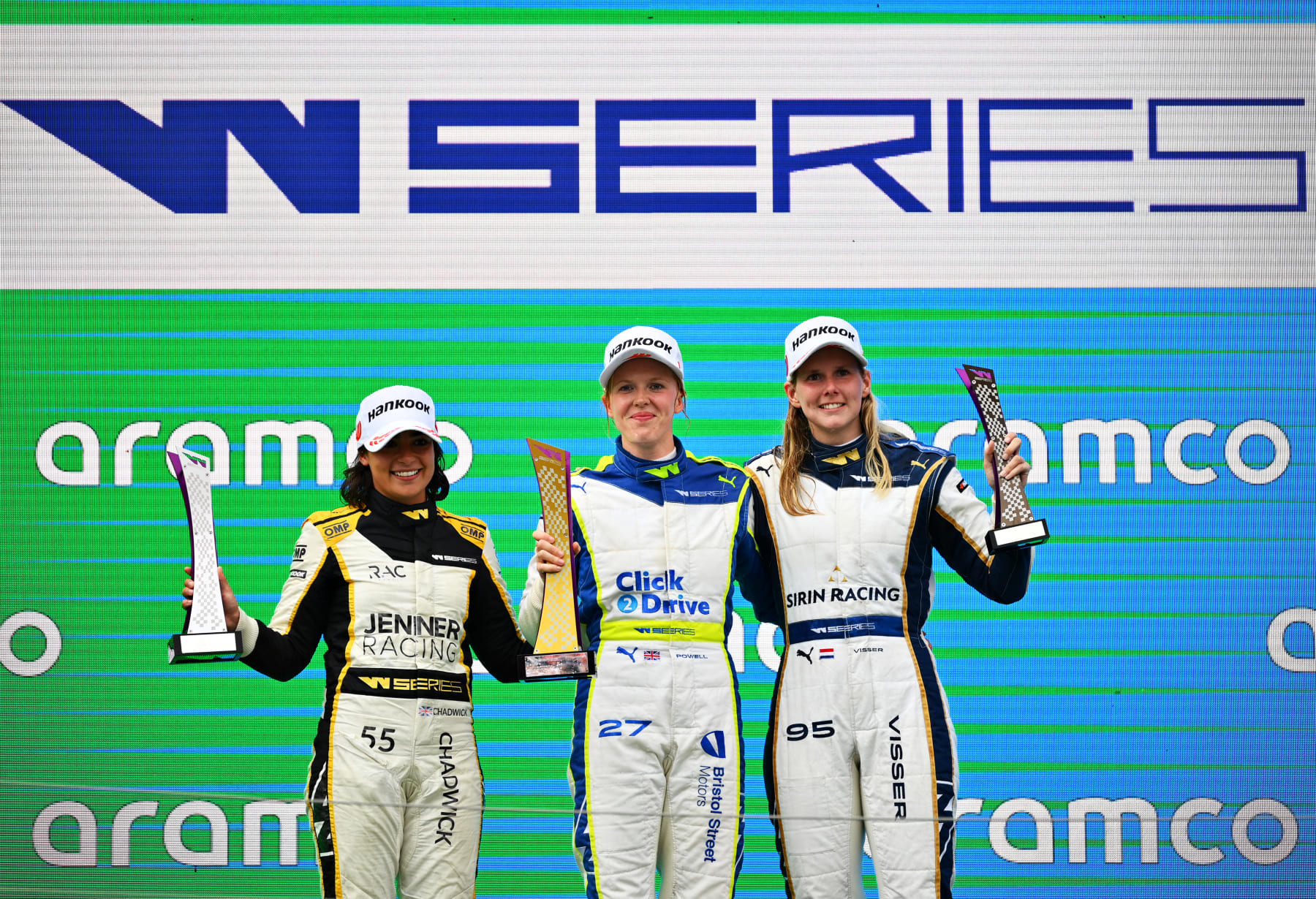 BUDAPEST, HUNGARY - JULY 30: Race winner Alice Powell of Great Britain and Click2Drive Bristol Street Motors Racing (C), Second placed Jamie Chadwick of Great Britain and Jenner Racing (L) and Third placed Beitske Visser of Netherlands and Sirin Racing (R) celebrate on the podium during the W Series Round 5 race at Hungaroring on July 30, 2022 in Budapest, Hungary. (Photo by Dan Mullan/Getty Images)