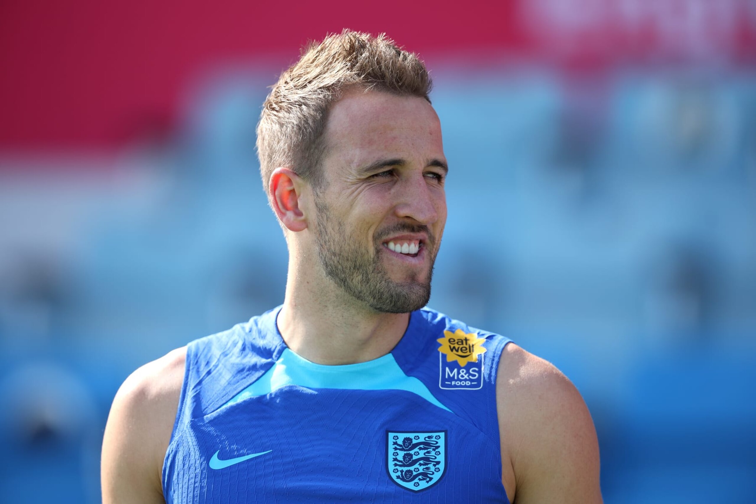 DOHA, QATAR - NOVEMBER 18: Harry Kane of England looks on during an England training session at Al Wakrah Stadium on November 18, 2022 in Doha, Qatar. (Photo by Eddie Keogh - The FA/The FA via Getty Images) DOHA, QATAR - NOVEMBER 18: Harry Kane of England looks on during an England training session at Al Wakrah Stadium on November 18, 2022 in Doha, Qatar. (Photo by Eddie Keogh - The FA/The FA via Getty Images)