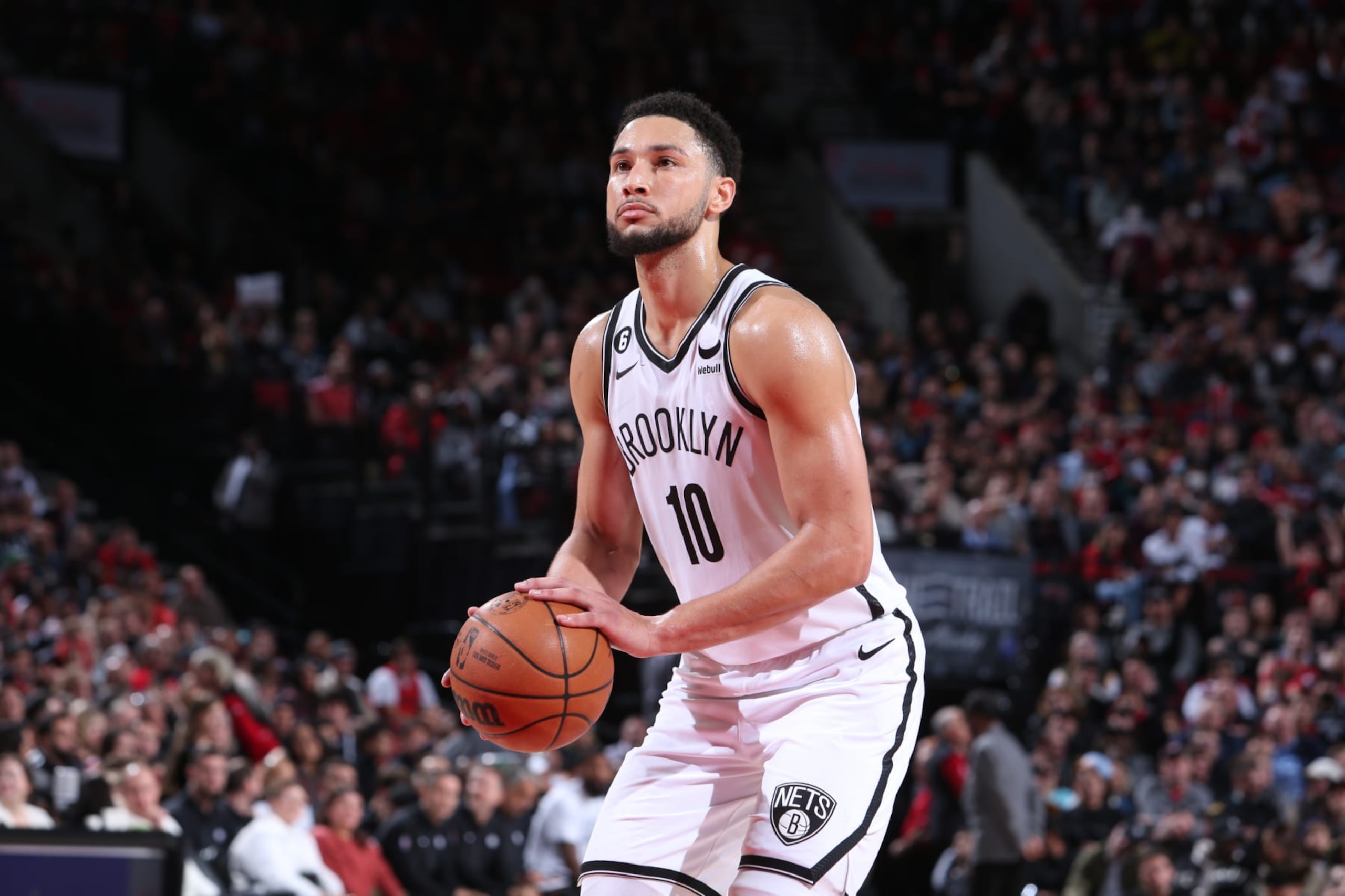 PORTLAND, OR - NOVEMBER 17: Ben Simmons #10 of the Brooklyn Nets shoots a free throw during the game against the Portland Trail Blazers on November 17, 2022 at the Moda Center Arena in Portland, Oregon. NOTE TO USER: User expressly acknowledges and agrees that, by downloading and or using this photograph, user is consenting to the terms and conditions of the Getty Images License Agreement. Mandatory Copyright Notice: Copyright 2022 NBAE (Photo by Sam Forencich/NBAE via Getty Images) PORTLAND, OR - NOVEMBER 17: Ben Simmons #10 of the Brooklyn Nets shoots a free throw during the game against the Portland Trail Blazers on November 17, 2022 at the Moda Center Arena in Portland, Oregon. NOTE TO USER: User expressly acknowledges and agrees that, by downloading and or using this photograph, user is consenting to the terms and conditions of the Getty Images License Agreement. Mandatory Copyright Notice: Copyright 2022 NBAE (Photo by Sam Forencich/NBAE via Getty Images)