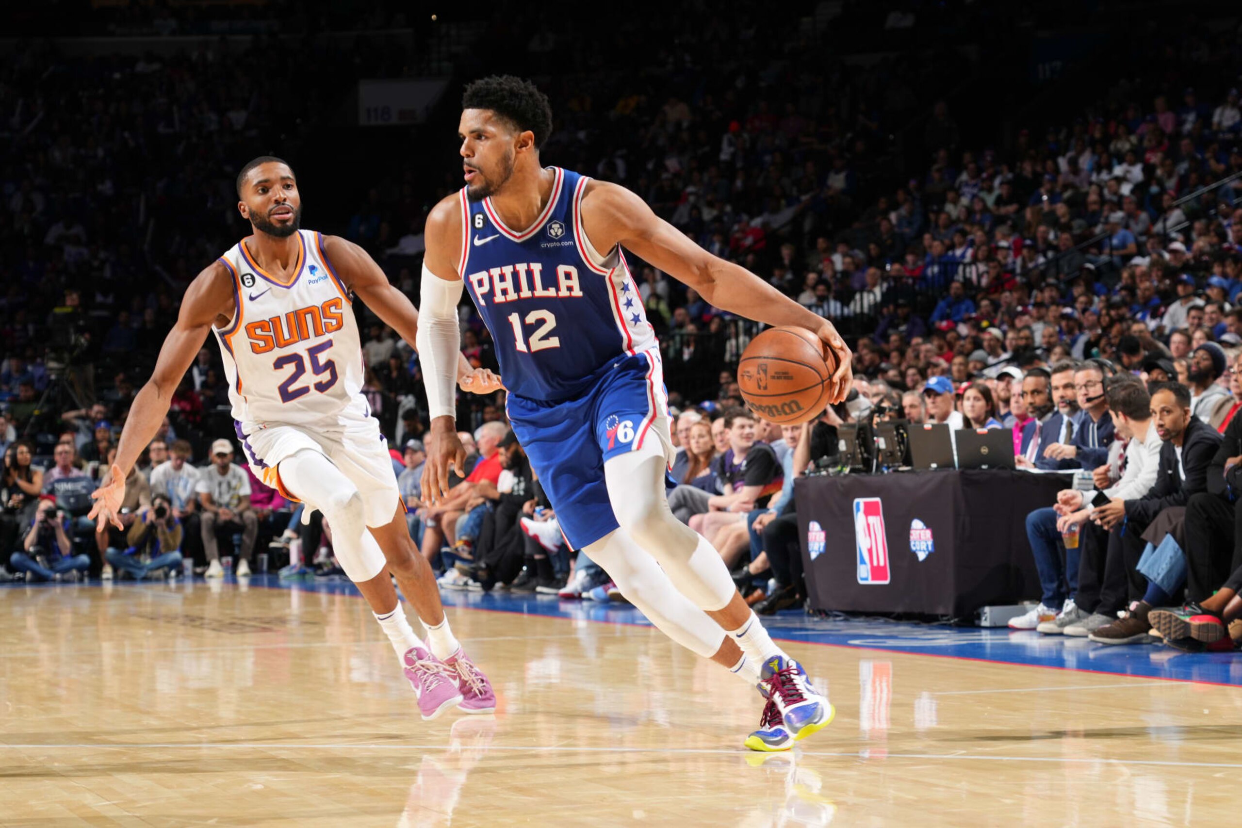 PHILADELPHIA, PA - NOVEMBER 7: Tobias Harris #12 of the Philadelphia 76ers dribbles the ball during the game against the Phoenix Suns on November 7, 2022 at the Wells Fargo Center in Philadelphia, Pennsylvania NOTE TO USER: User expressly acknowledges and agrees that, by downloading and/or using this Photograph, user is consenting to the terms and conditions of the Getty Images License Agreement. Mandatory Copyright Notice: Copyright 2022 NBAE (Photo by Jesse D. Garrabrant/NBAE via Getty Images)