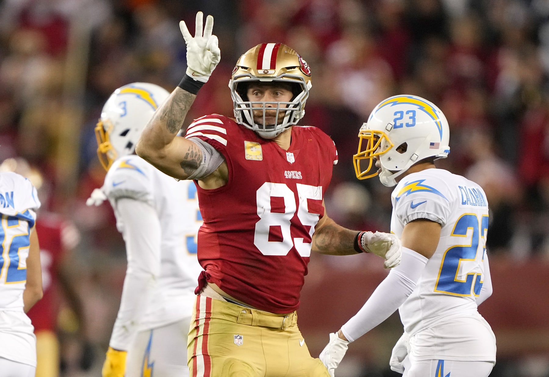 SANTA CLARA, CALIFORNIA - NOVEMBER 13: George Kittle #85 of the San Francisco 49ers reacts after a first down during the second quarter against the Los Angeles Chargers at Levi's Stadium on November 13, 2022 in Santa Clara, California. (Photo by Thearon W. Henderson/Getty Images)