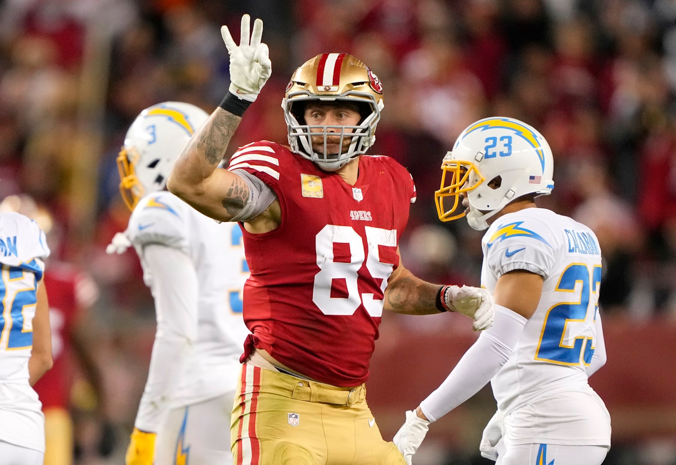 SANTA CLARA, CALIFORNIA - NOVEMBER 13: George Kittle #85 of the San Francisco 49ers reacts after a first down during the second quarter against the Los Angeles Chargers at Levi's Stadium on November 13, 2022 in Santa Clara, California. (Photo by Thearon W. Henderson/Getty Images) SANTA CLARA, CALIFORNIA - NOVEMBER 13: George Kittle #85 of the San Francisco 49ers reacts after a first down during the second quarter against the Los Angeles Chargers at Levi's Stadium on November 13, 2022 in Santa Clara, California. (Photo by Thearon W. Henderson/Getty Images)