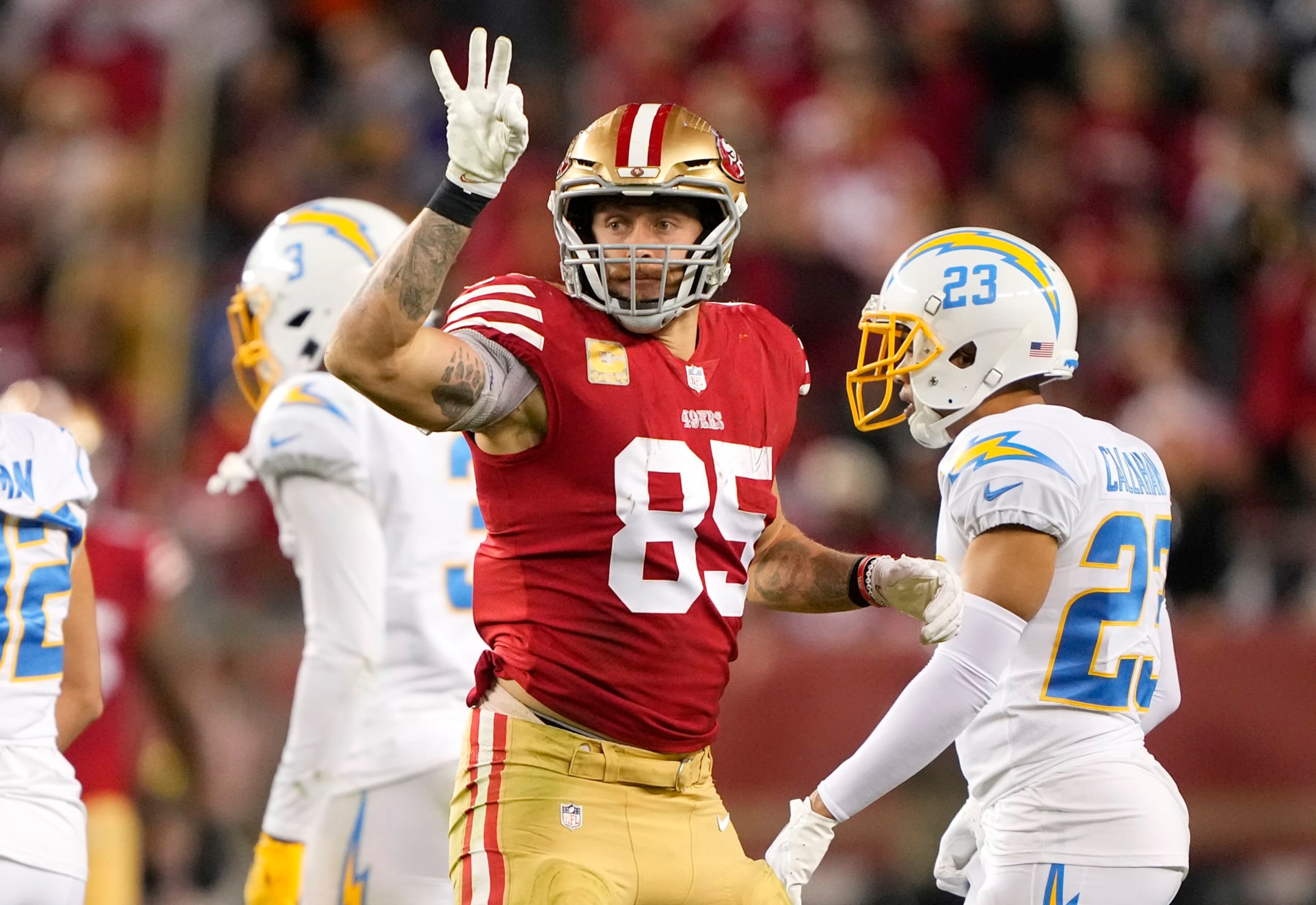 SANTA CLARA, CALIFORNIA - NOVEMBER 13: George Kittle #85 of the San Francisco 49ers reacts after a first down during the second quarter against the Los Angeles Chargers at Levi's Stadium on November 13, 2022 in Santa Clara, California. (Photo by Thearon W. Henderson/Getty Images) SANTA CLARA, CALIFORNIA - NOVEMBER 13: George Kittle #85 of the San Francisco 49ers reacts after a first down during the second quarter against the Los Angeles Chargers at Levi's Stadium on November 13, 2022 in Santa Clara, California. (Photo by Thearon W. Henderson/Getty Images)