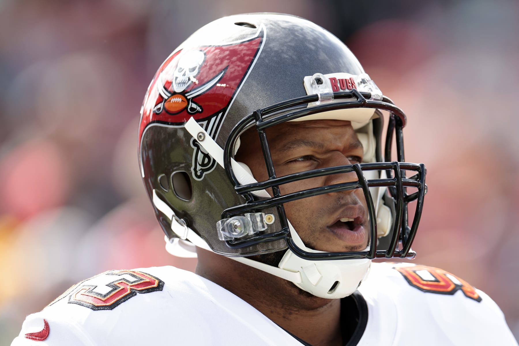 TAMPA, FLORIDA - JANUARY 16: Ndamukong Suh #93 of the Tampa Bay Buccaneers looks on prior to the NFC Wild Card Playoff game against the Philadelphia Eagles at Raymond James Stadium on January 16, 2022 in Tampa, Florida. (Photo by Douglas P. DeFelice/Getty Images)