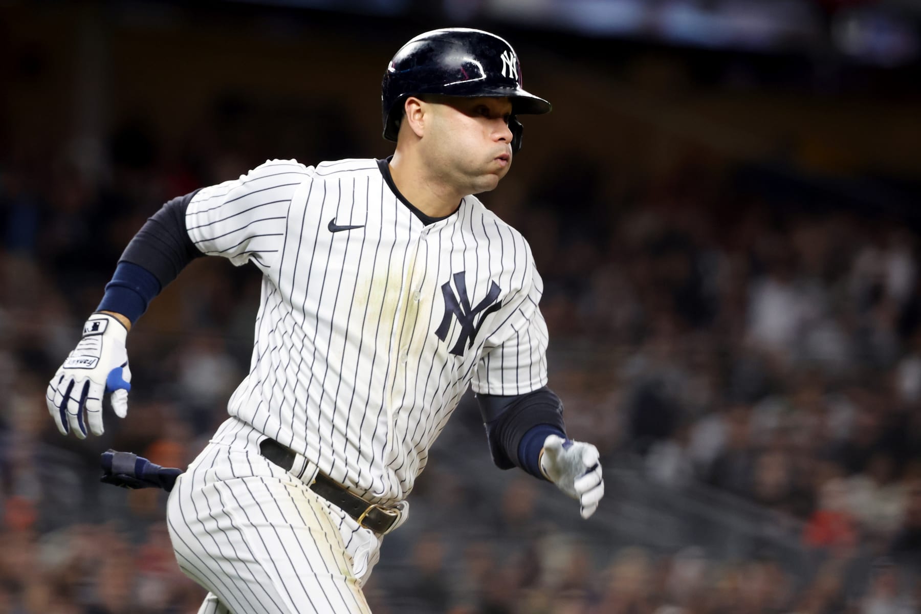 NEW YORK, NY - OCTOBER 23:  Isiah Kiner-Falefa #12 of the New York Yankees doubles in the second inning during Game 4 of the ALCS between the Houston Astros and the New York Yankees at Yankee Stadium on Sunday, October 23, 2022 in New York, New York. (Photo by Mary DeCicco/MLB Photos via Getty Images)