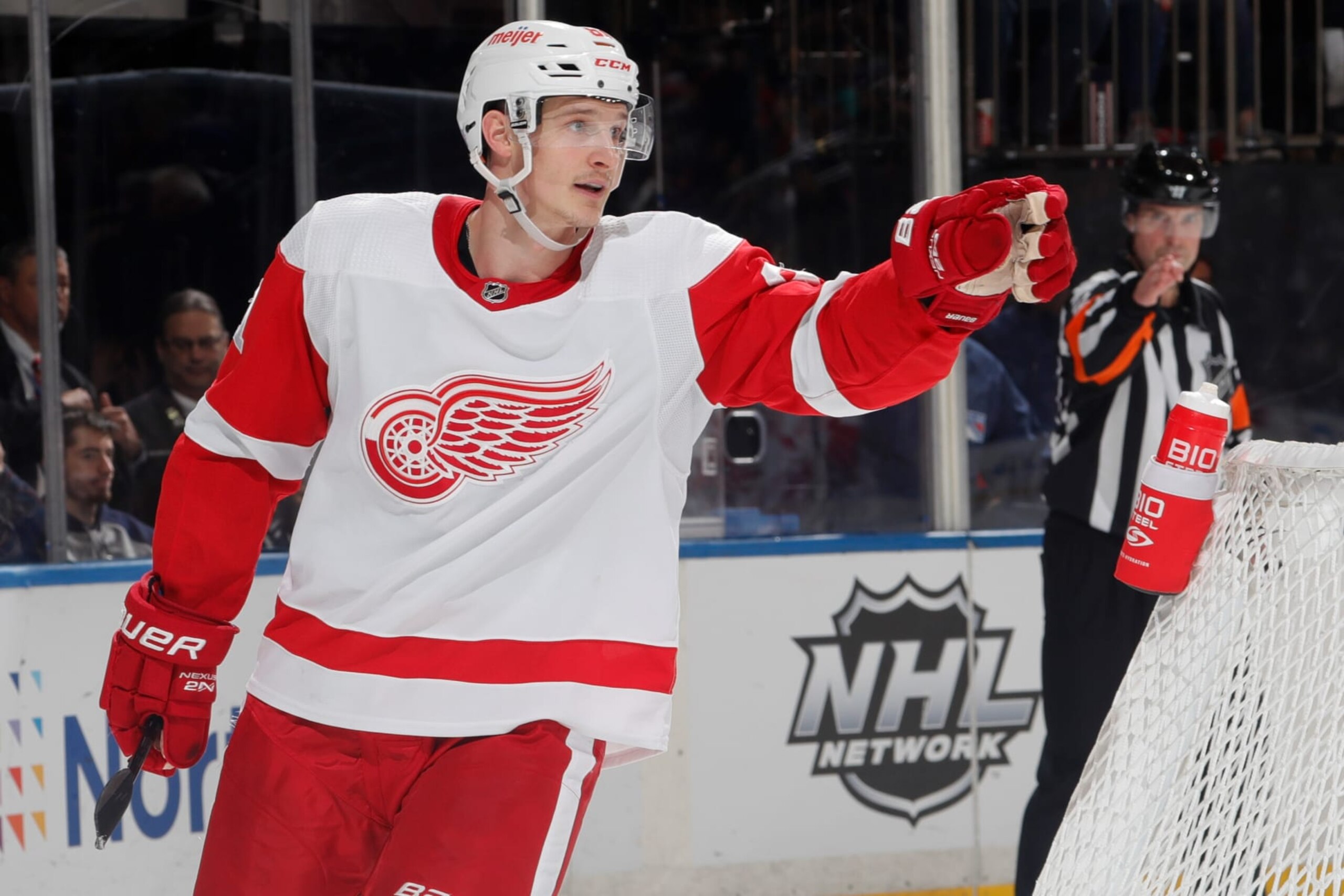 NEW YORK, NEW YORK - NOVEMBER 06:  Dominik Kubalik #81 of the Detroit Red Wings reacts after scoring the game winning goal in overtime against the New York Rangers at Madison Square Garden on November 6, 2022 in New York City. (Photo by Jared Silber/NHLI via Getty Images)