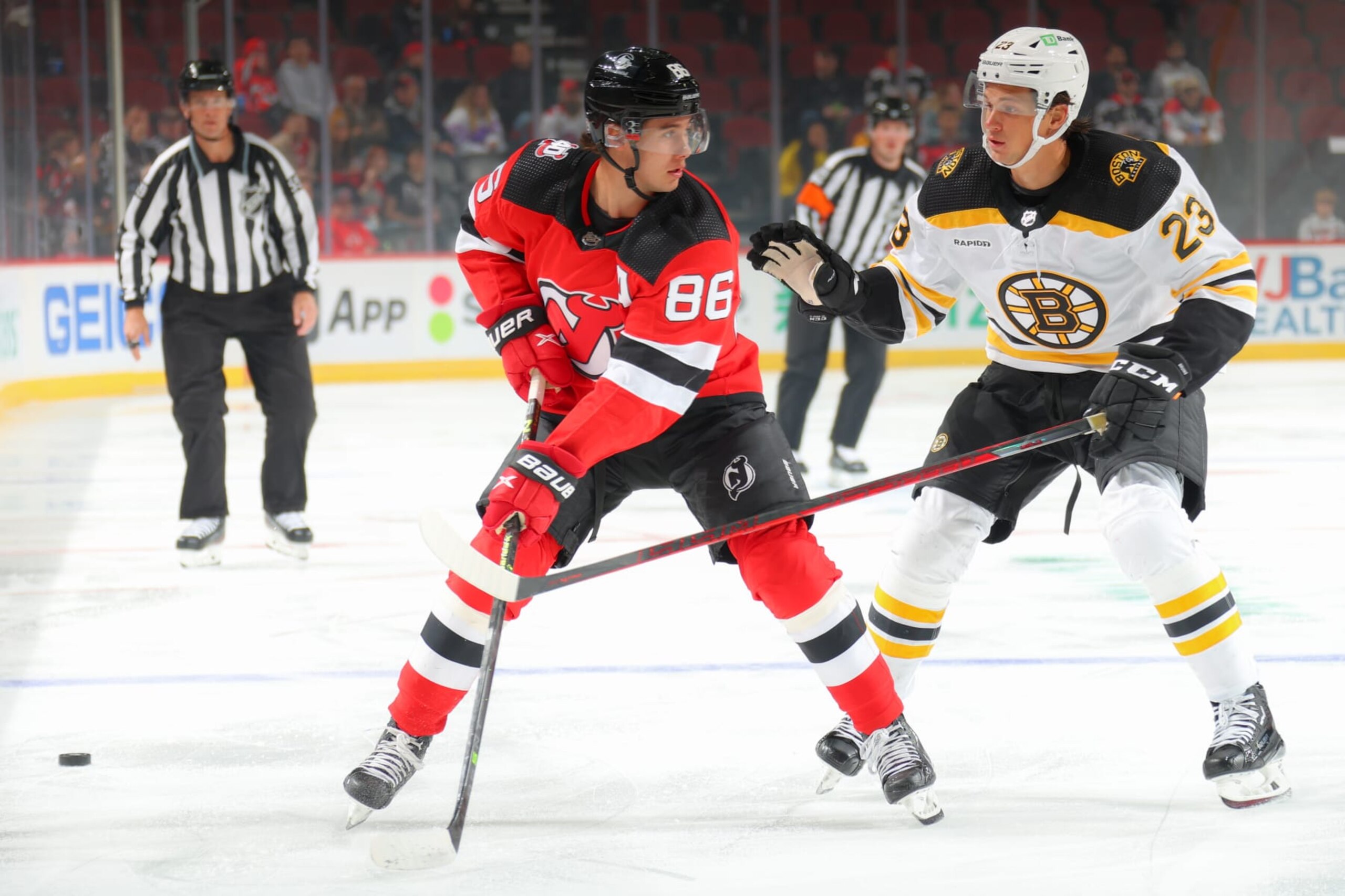 NEWARK, NJ - OCTOBER 03:  New Jersey Devils center Jack Hughes (86) skates during the game against the Boston Bruins on October 3, 2022 at the Prudential Center in Newark, New Jersey.  (Photo by Rich Graessle/Getty Images)
