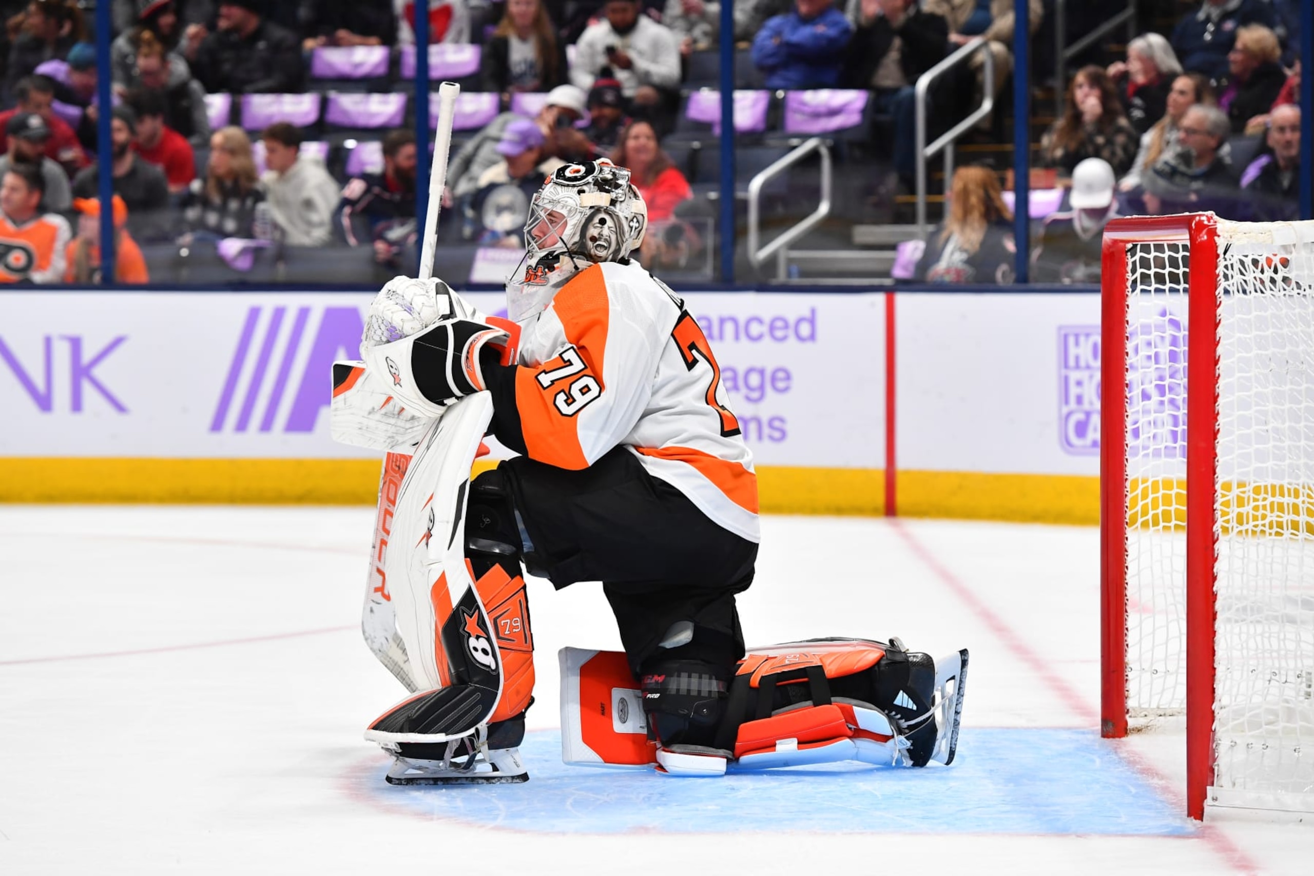 COLUMBUS, OHIO - NOVEMBER 15: Goaltender Carter Hart #79 of the Philadelphia Flyers rests during a timeout in the first period of a game against the Columbus Blue Jackets at Nationwide Arena on November 15, 2022 in Columbus, Ohio. (Photo by Ben Jackson/NHLI via Getty Images)