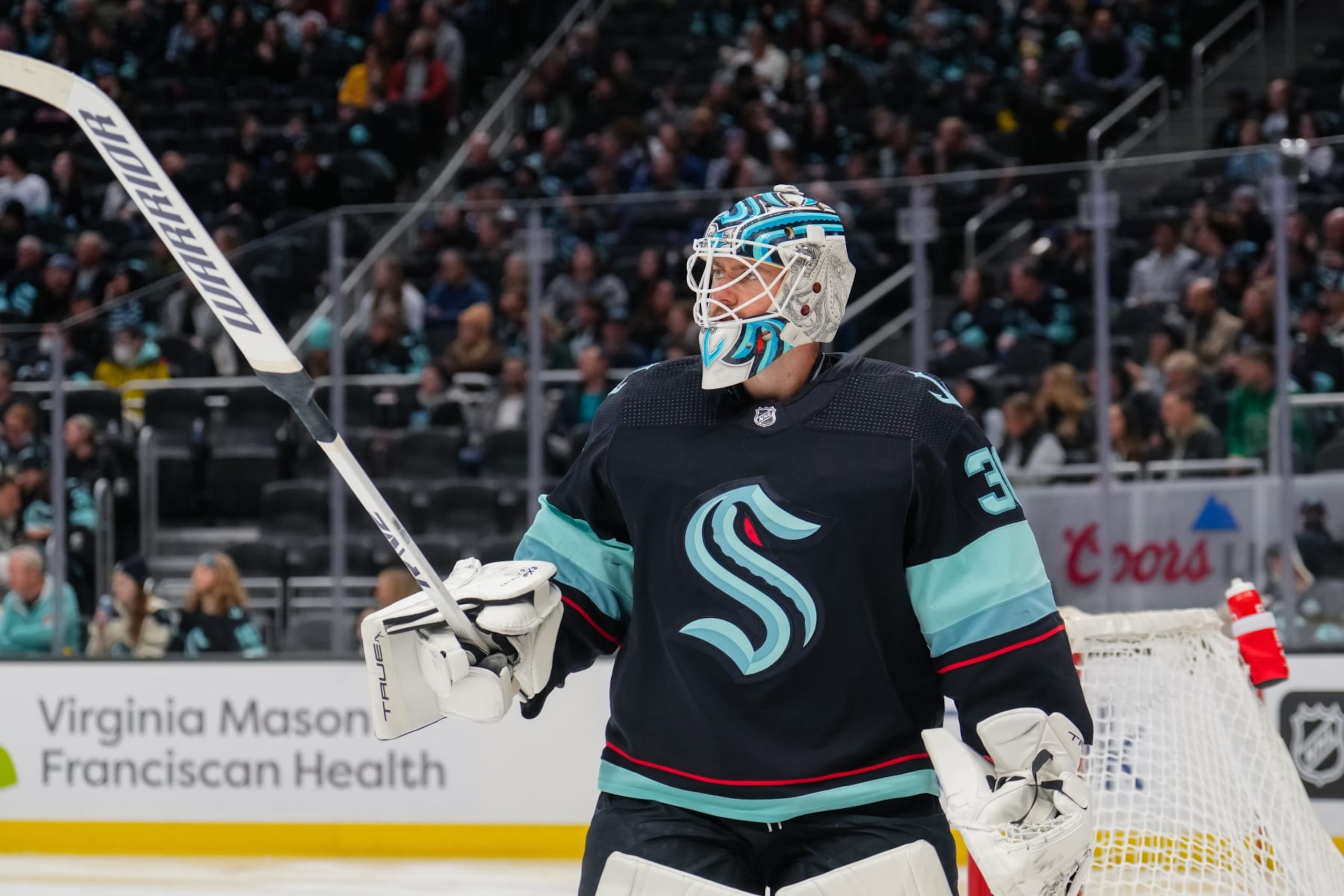 SEATTLE, WASHINGTON - NOVEMBER 11: Martin Jones #30 of the Seattle Kraken skates away from the crease during a second period timeout in a game against the Minnesota Wild at Climate Pledge Arena on November 11, 2022 in Seattle, Washington. (Photo by Christopher Mast/NHLI via Getty Images)