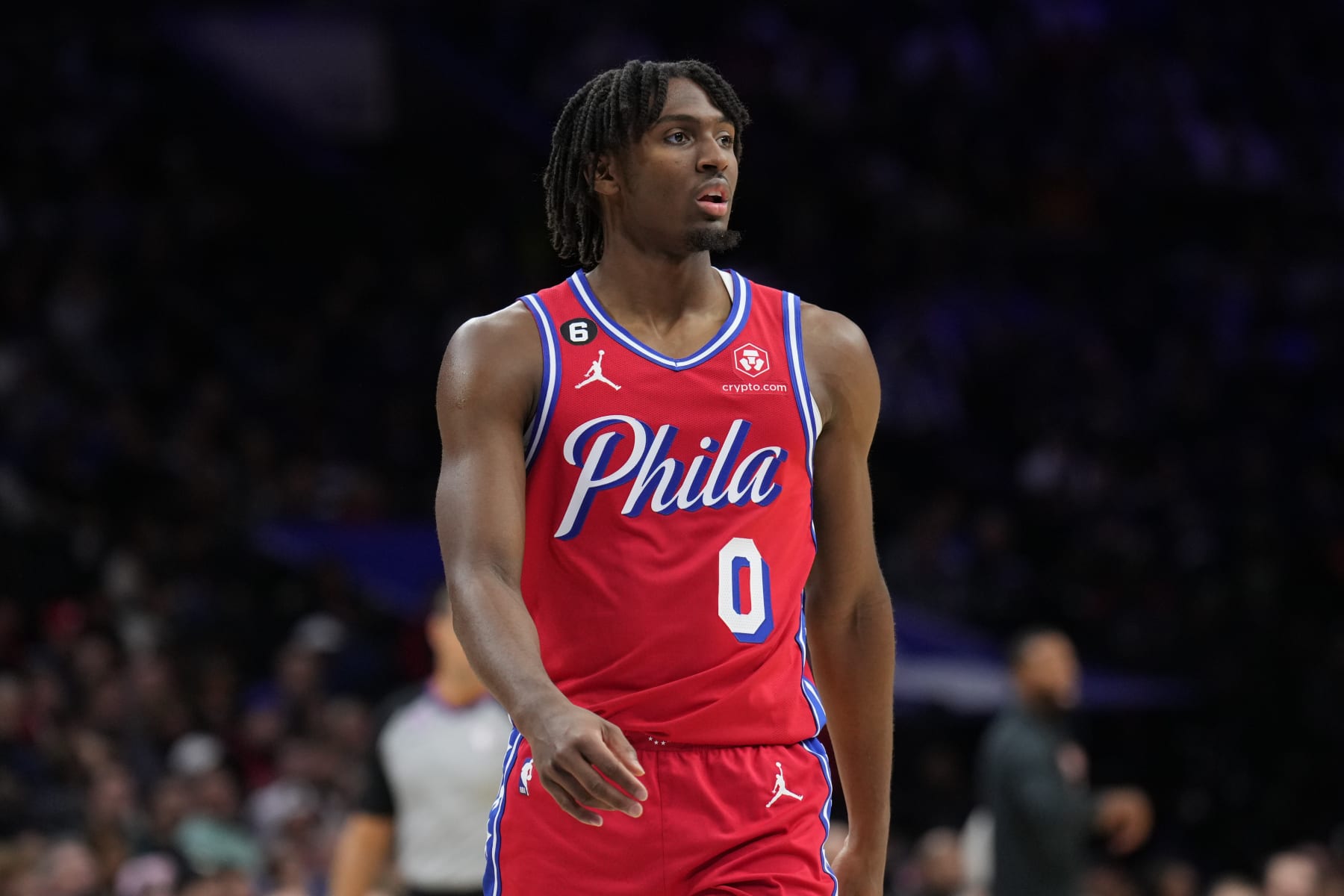PHILADELPHIA, PA - NOVEMBER 18: Tyrese Maxey #0 of the Philadelphia 76ers looks on during the game against the Milwaukee Bucks on November 18, 2022 at the Wells Fargo Center in Philadelphia, Pennsylvania NOTE TO USER: User expressly acknowledges and agrees that, by downloading and/or using this Photograph, user is consenting to the terms and conditions of the Getty Images License Agreement. Mandatory Copyright Notice: Copyright 2022 NBAE (Photo by Jesse D. Garrabrant/NBAE via Getty Images)