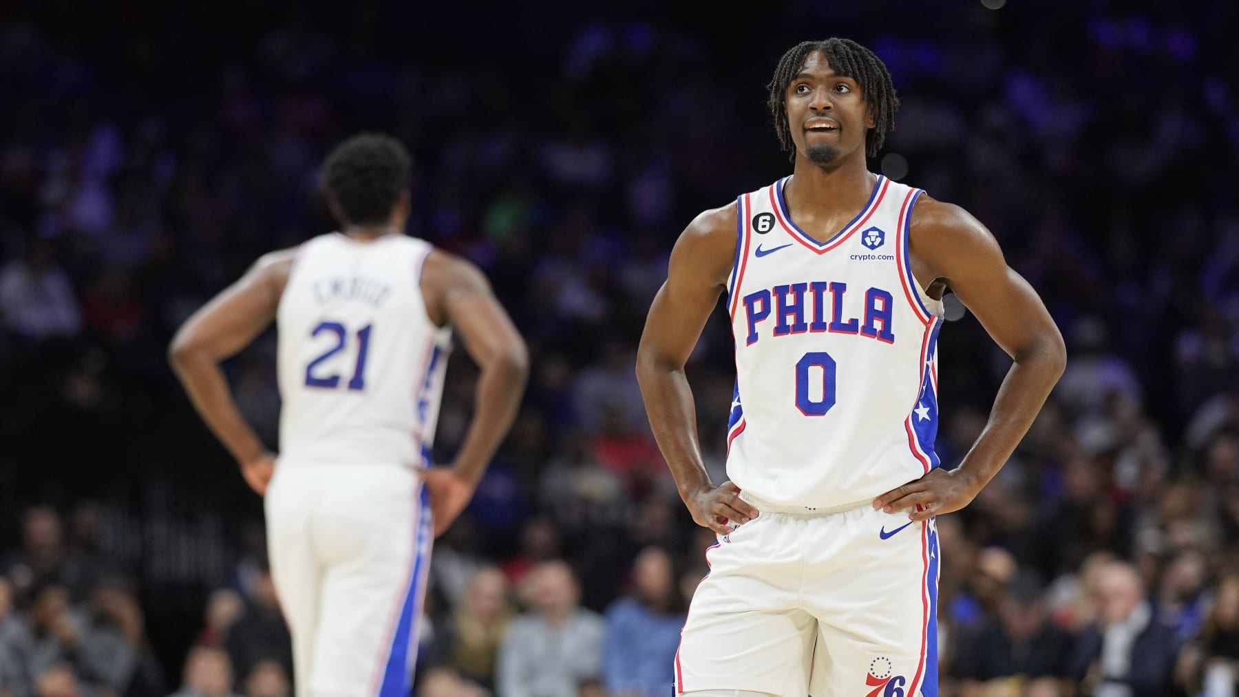 PHILADELPHIA, PA - NOVEMBER 12: Joel Embiid #21 and Tyrese Maxey #0 of the Philadelphia 76ers look on against the Atlanta Hawks at the Wells Fargo Center on November 12, 2022 in Philadelphia, Pennsylvania. NOTE TO USER: User expressly acknowledges and agrees that, by downloading and or using this photograph, User is consenting to the terms and conditions of the Getty Images License Agreement. (Photo by Mitchell Leff/Getty Images)