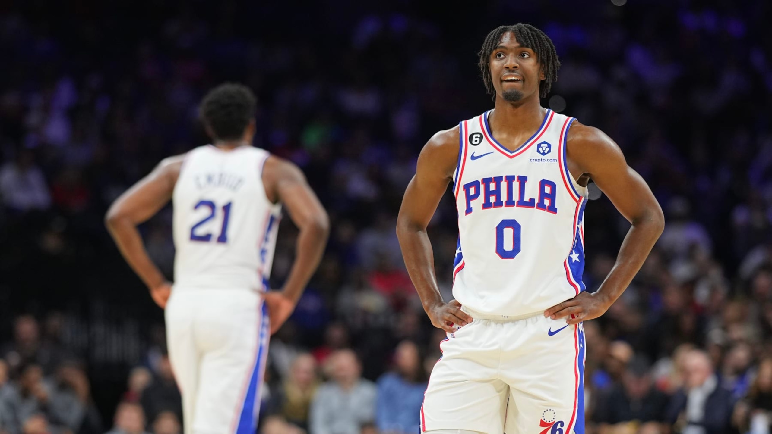 PHILADELPHIA, PA - NOVEMBER 12: Joel Embiid #21 and Tyrese Maxey #0 of the Philadelphia 76ers look on against the Atlanta Hawks at the Wells Fargo Center on November 12, 2022 in Philadelphia, Pennsylvania. NOTE TO USER: User expressly acknowledges and agrees that, by downloading and or using this photograph, User is consenting to the terms and conditions of the Getty Images License Agreement. (Photo by Mitchell Leff/Getty Images)