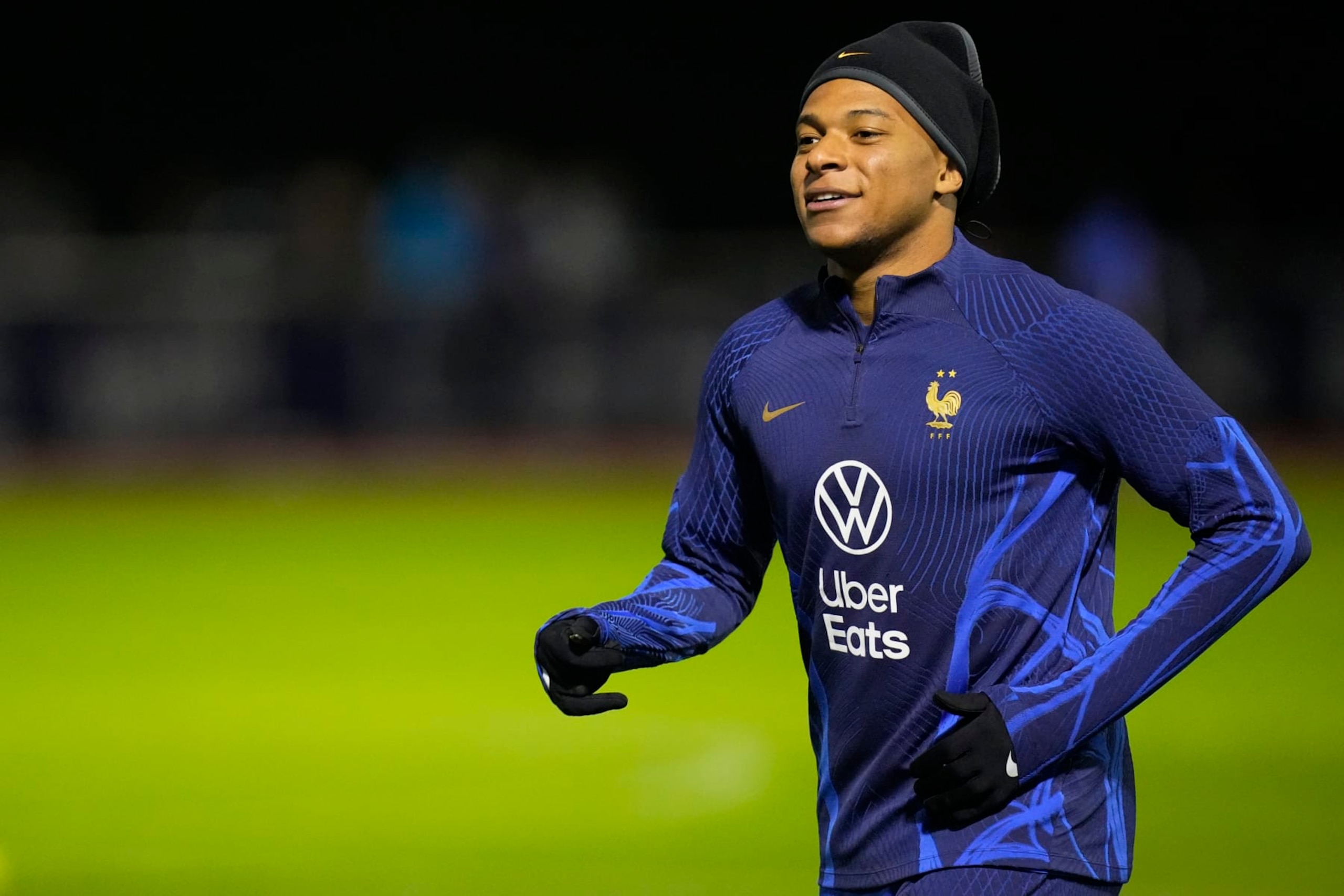 CLAIRE FONTAINE - NOVEMBER 15 : Kylian Mbappe is warming up during the 2nd training of the French Soccer National Team prior to the departure for the Soccer World Cup 2022, at the Centre National du Football, Clairefontaine in Yvelines, France. (Photo by Glenn Gervot/Icon Sportswire via Getty Images)