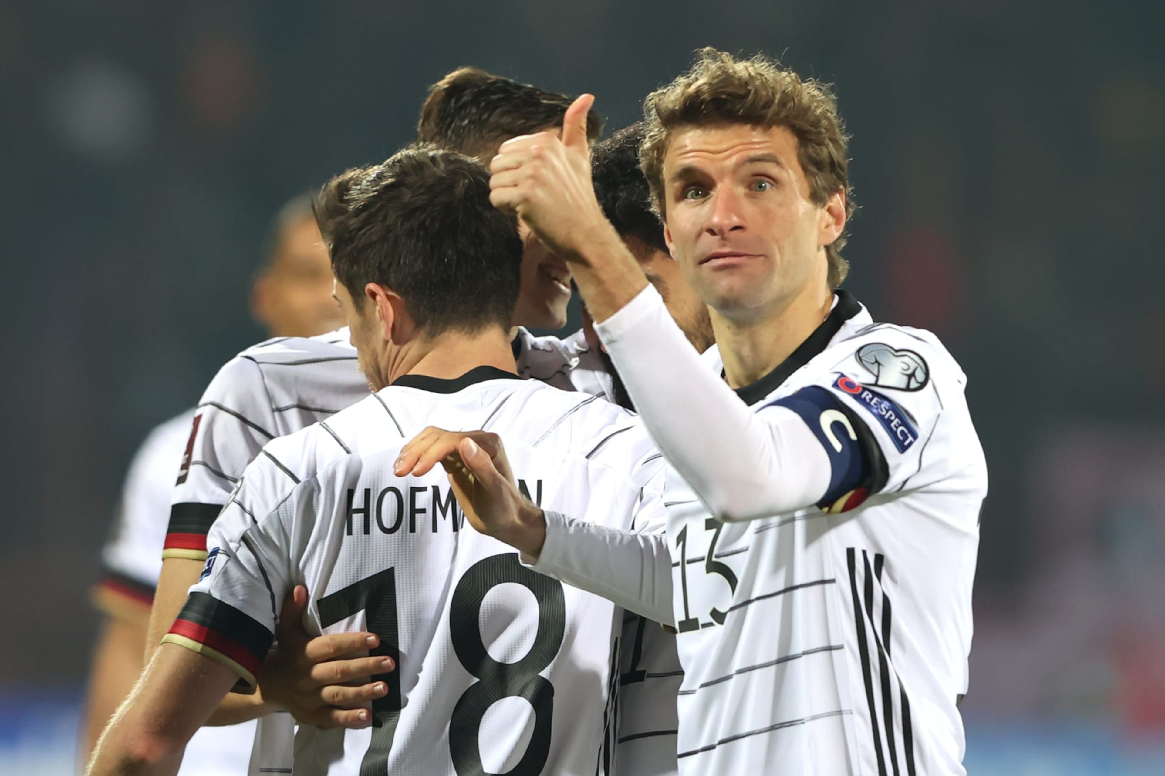 YEREVAN, ARMENIA - NOVEMBER 14: Thomas Mueller of Germany celebrates after their side's third goal, scored by Ilkay Guendogan during the 2022 FIFA World Cup Qualifier match between Armenia and Germany at Vazgen Sargsyan Republican Stadium on November 14, 2021 in Yerevan, . (Photo by Alexander Hassenstein/Getty Images) YEREVAN, ARMENIA - NOVEMBER 14: Thomas Mueller of Germany celebrates after their side's third goal, scored by Ilkay Guendogan during the 2022 FIFA World Cup Qualifier match between Armenia and Germany at Vazgen Sargsyan Republican Stadium on November 14, 2021 in Yerevan, . (Photo by Alexander Hassenstein/Getty Images)
