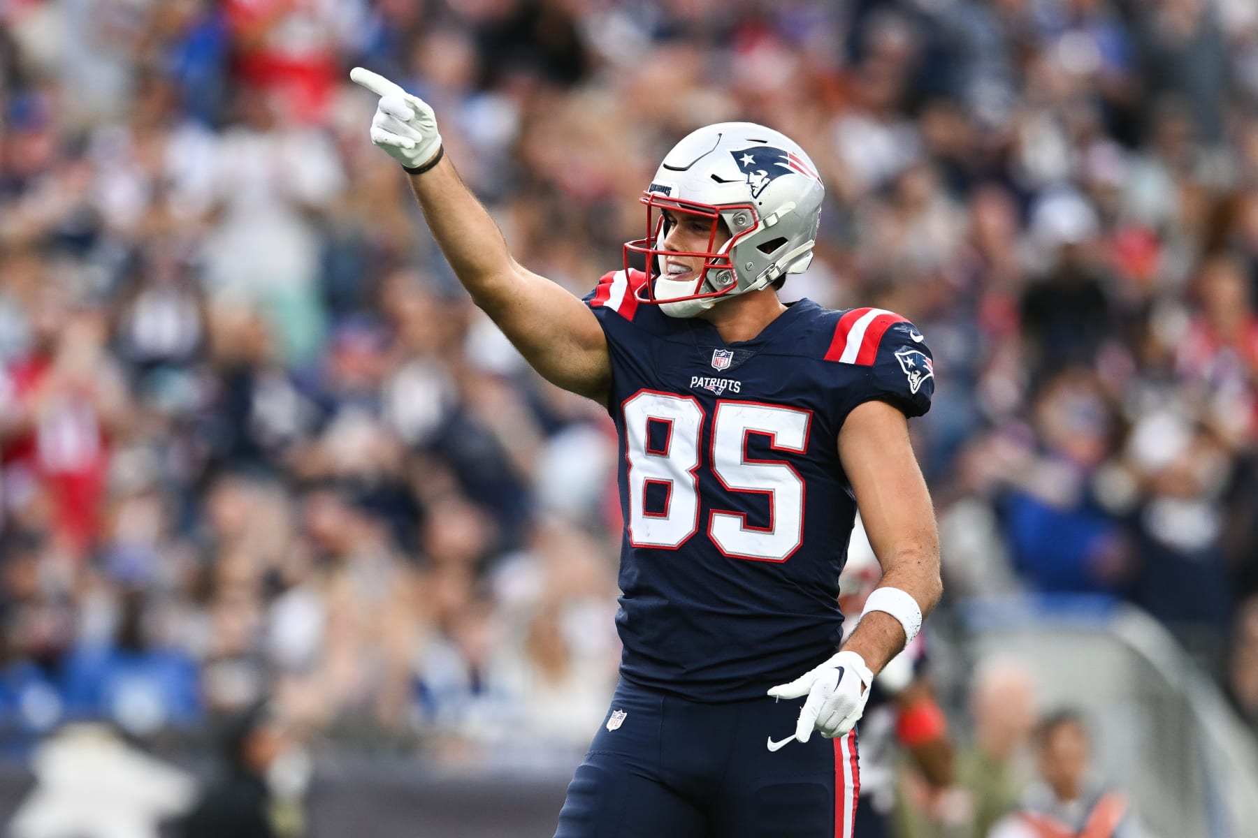 FOXBOROUGH, MA - NOVEMBER 6, 2022: Hunter Henry #85 of the New England Patriots reacts after a first down during a game against the Indianapolis Colts at Gillette Stadium on November 6, 2022 in Foxborough, Massachusetts. (Photo by Kathryn Riley/Getty Images)
