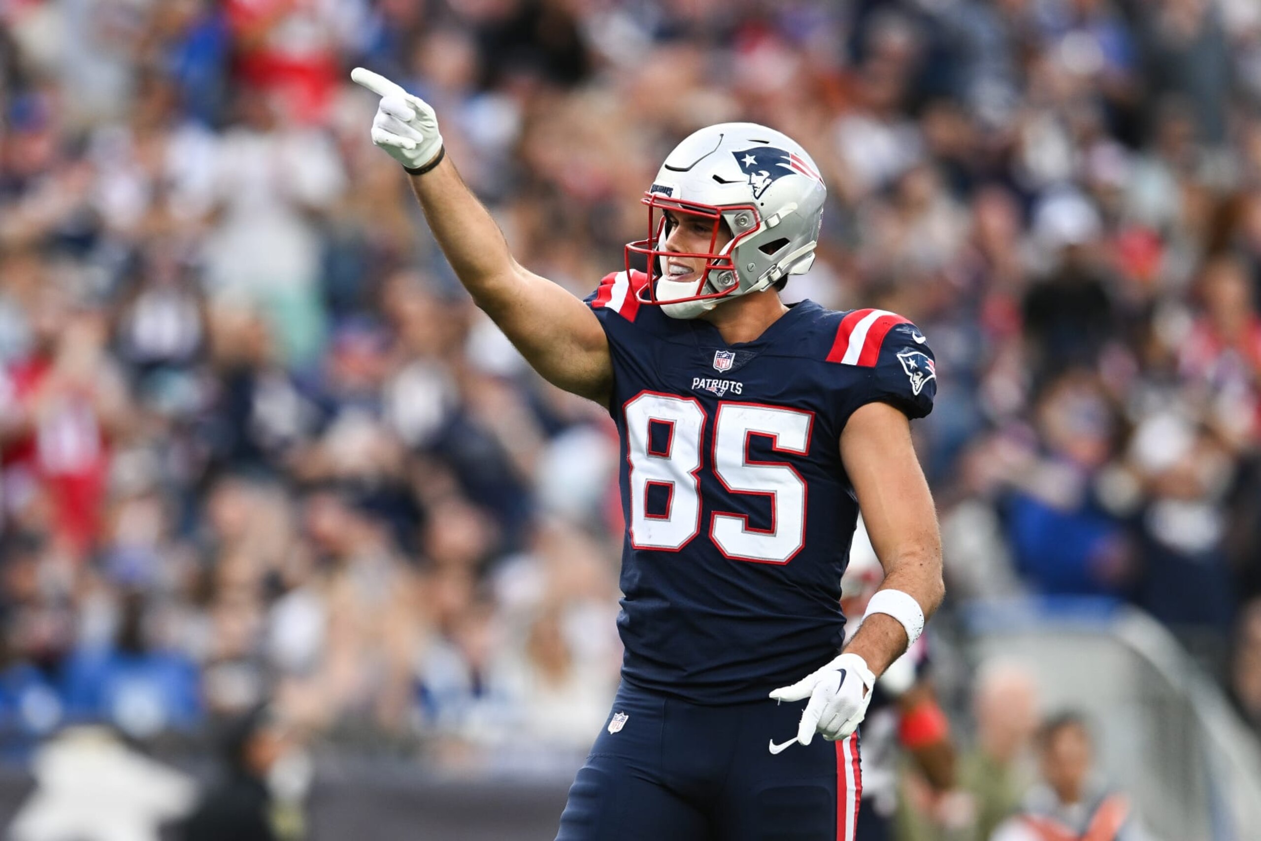 FOXBOROUGH, MA - NOVEMBER 6, 2022: Hunter Henry #85 of the New England Patriots reacts after a first down during a game against the Indianapolis Colts at Gillette Stadium on November 6, 2022 in Foxborough, Massachusetts. (Photo by Kathryn Riley/Getty Images)