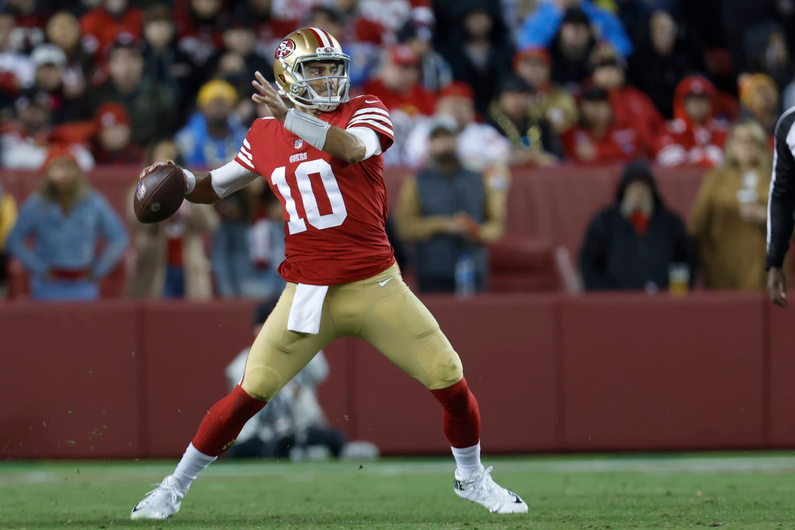 San Francisco 49ers quarterback Jimmy Garoppolo (10) against the Los Angeles Chargers during an NFL football game in Santa Clara, Calif., Sunday, Nov. 13, 2022. (AP Photo/Jed Jacobsohn)