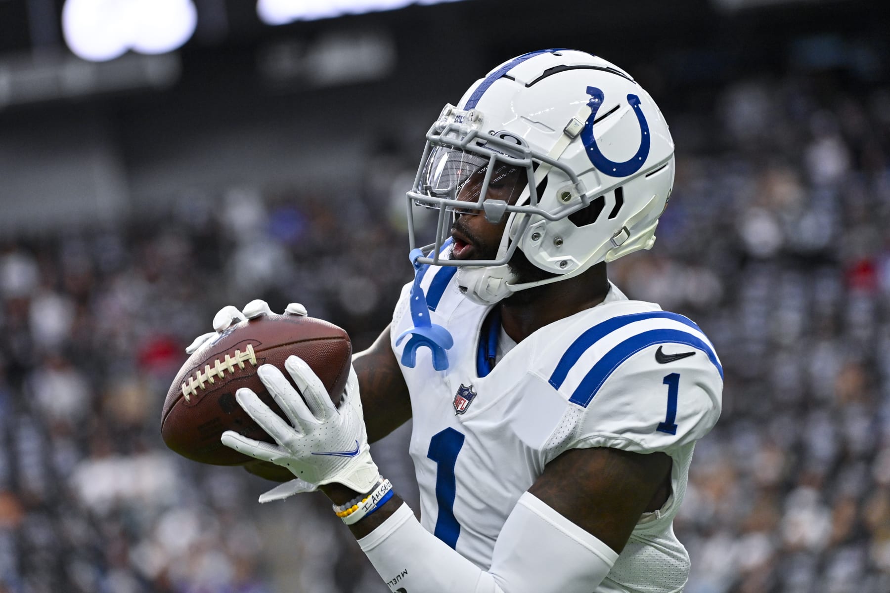Indianapolis Colts wide receiver Parris Campbell (1) warms up before an NFL football game against the Las Vegas Raiders in Las Vegas, Sunday, Nov. 13, 2022. (AP Photo/David Becker)