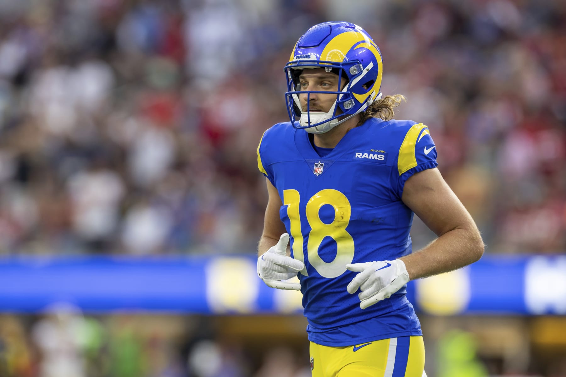 Los Angeles Rams wide receiver Ben Skowronek (18) against the San Francisco 49ers in an NFL football game, Sunday, Oct. 30, 2022, in Inglewood, Calif. The 49ers won 31-14. (AP Photo/Jeff Lewis)