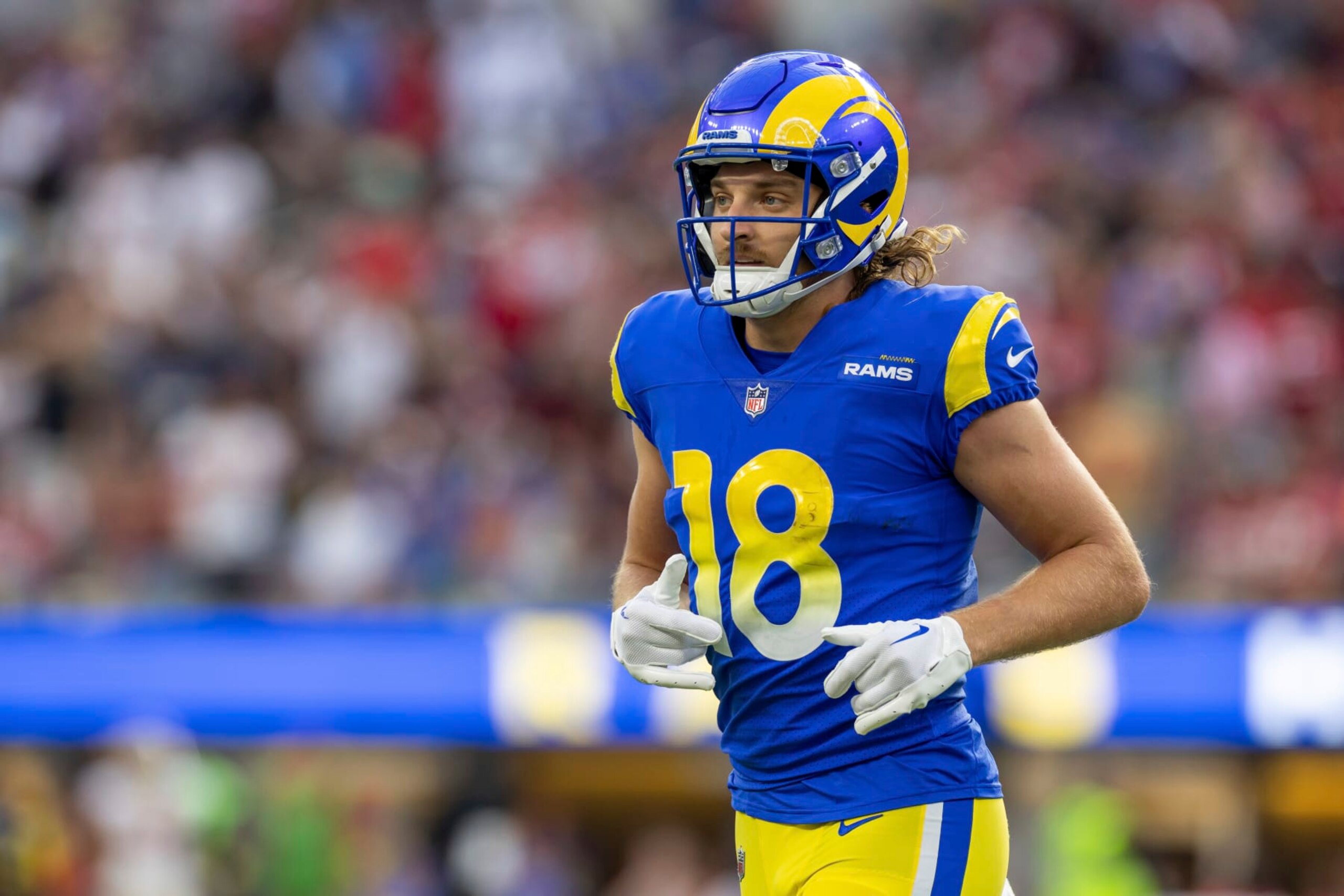 Los Angeles Rams wide receiver Ben Skowronek (18) against the San Francisco 49ers in an NFL football game, Sunday, Oct. 30, 2022, in Inglewood, Calif. The 49ers won 31-14. (AP Photo/Jeff Lewis) Los Angeles Rams wide receiver Ben Skowronek (18) against the San Francisco 49ers in an NFL football game, Sunday, Oct. 30, 2022, in Inglewood, Calif. The 49ers won 31-14. (AP Photo/Jeff Lewis)