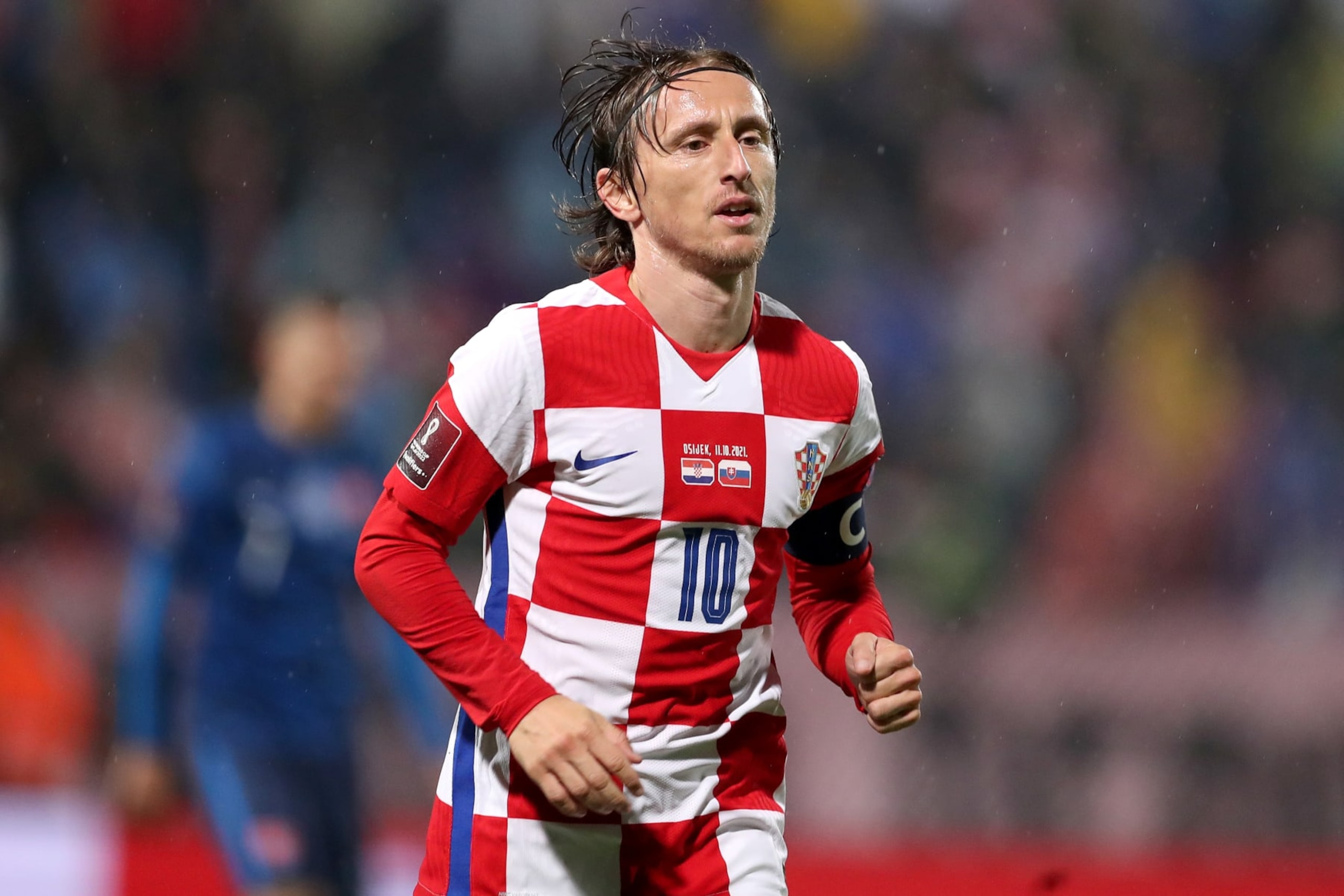 OSIJEK, CROATIA - OCTOBER 11: Luka Modric of Croatia in action during the 2022 FIFA World Cup Group H Qualifier match between Croatia and Slovakia at Gradski Vrt Stadium on October 11, 2021 in Osijek, Croatia. (Photo by Luka Stanzl/Pixsell/MB Media/Getty Images)