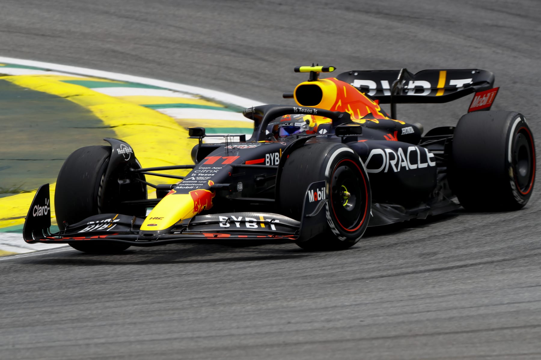Red Bull driver Sergio Perez, of Mexico, during practice ahead of the weekend's Formula One Brazilian Grand Prix at Interlagos racetrack in Sao Paulo, Brazil, Friday, Nov. 11, 2022. (AP Photo/Marcelo Chello)