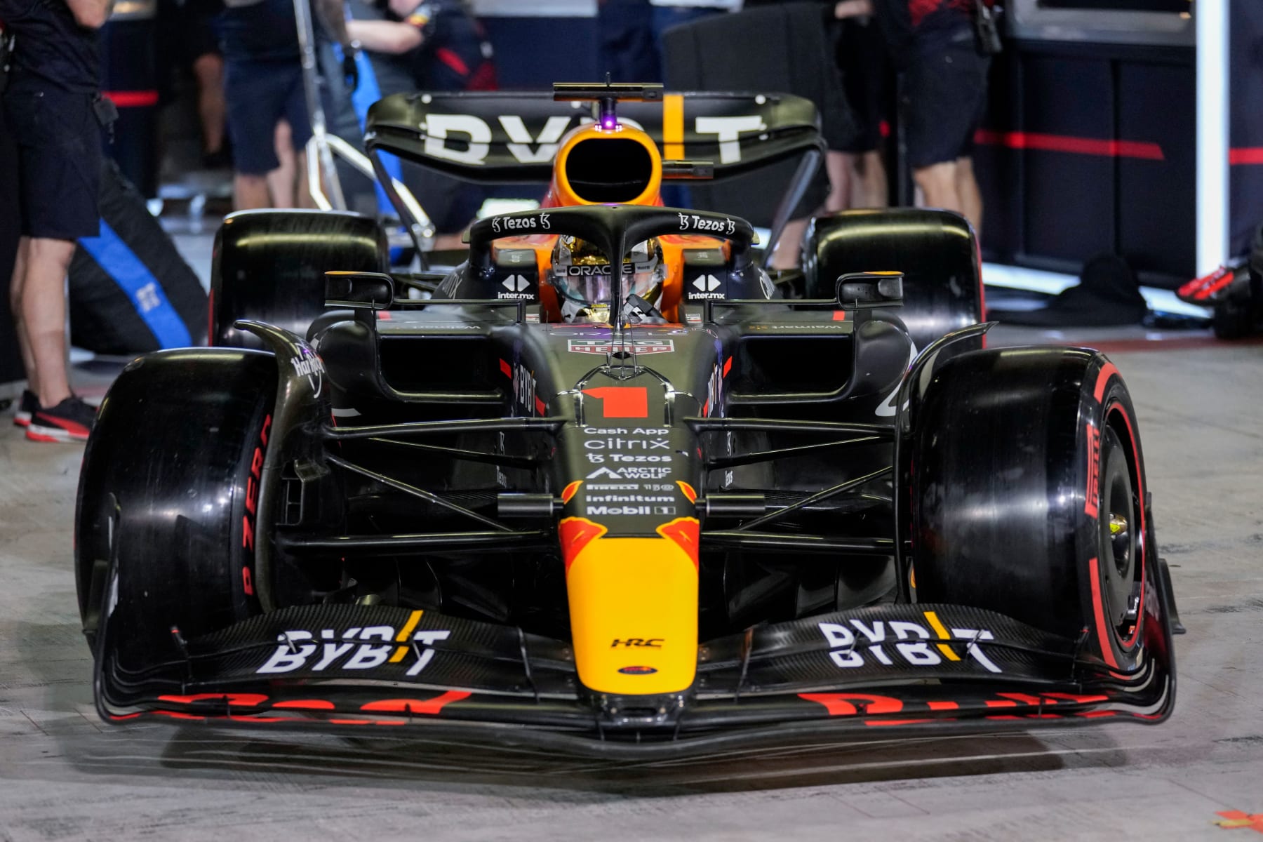 Red Bull's Dutch driver Max Verstappen exits the pits during the qualifying session on the eve of the Abu Dhabi Formula One Grand Prix at the Yas Marina Circuit in the Emirati city of Abu Dhabi on November 19, 2022. (Photo by Kamran JEBREILI / POOL / AFP) (Photo by KAMRAN JEBREILI/POOL/AFP via Getty Images)