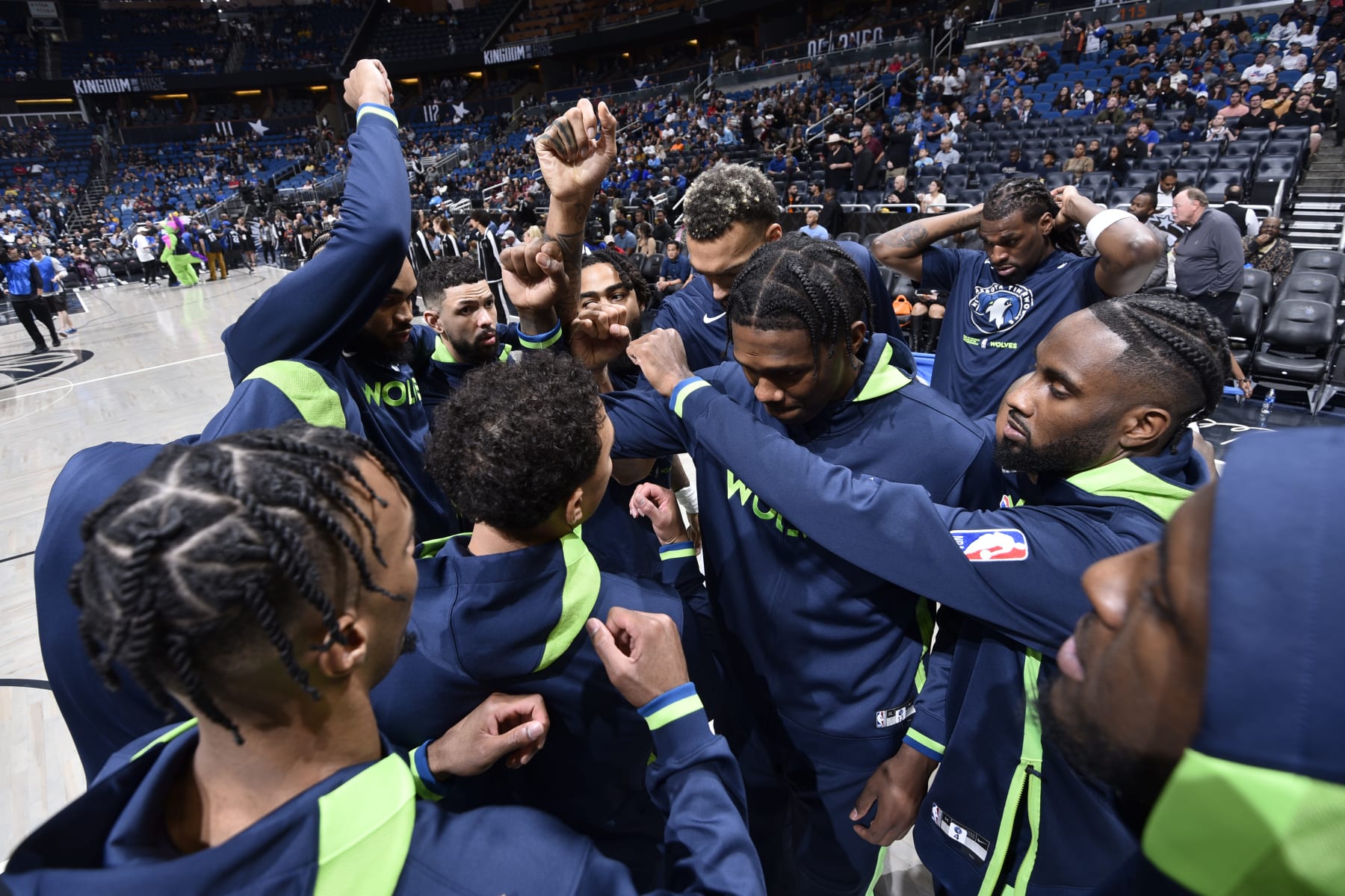 ORLANDO, FL - NOVEMBER 16: The Minnesota Timberwolves huddle up before the game against the Orlando Magic on November 16, 2022 at Amway Center in Orlando, Florida. NOTE TO USER: User expressly acknowledges and agrees that, by downloading and or using this photograph, User is consenting to the terms and conditions of the Getty Images License Agreement. Mandatory Copyright Notice: Copyright 2022 NBAE (Photo by Fernando Medina/NBAE via Getty Images)