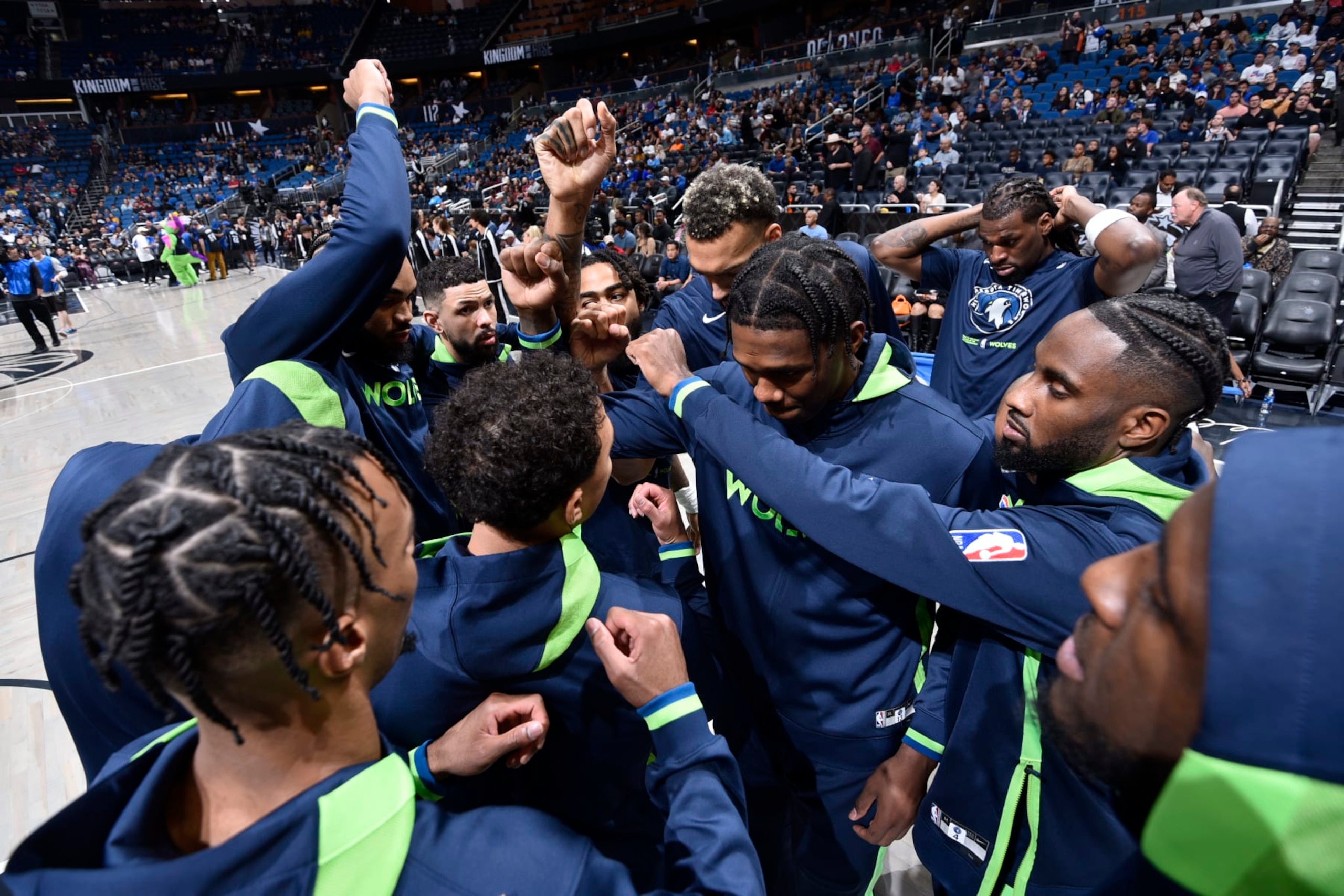 ORLANDO, FL - NOVEMBER 16: The Minnesota Timberwolves huddle up before the game against the Orlando Magic on November 16, 2022 at Amway Center in Orlando, Florida. NOTE TO USER: User expressly acknowledges and agrees that, by downloading and or using this photograph, User is consenting to the terms and conditions of the Getty Images License Agreement. Mandatory Copyright Notice: Copyright 2022 NBAE (Photo by Fernando Medina/NBAE via Getty Images) ORLANDO, FL - NOVEMBER 16: The Minnesota Timberwolves huddle up before the game against the Orlando Magic on November 16, 2022 at Amway Center in Orlando, Florida. NOTE TO USER: User expressly acknowledges and agrees that, by downloading and or using this photograph, User is consenting to the terms and conditions of the Getty Images License Agreement. Mandatory Copyright Notice: Copyright 2022 NBAE (Photo by Fernando Medina/NBAE via Getty Images)