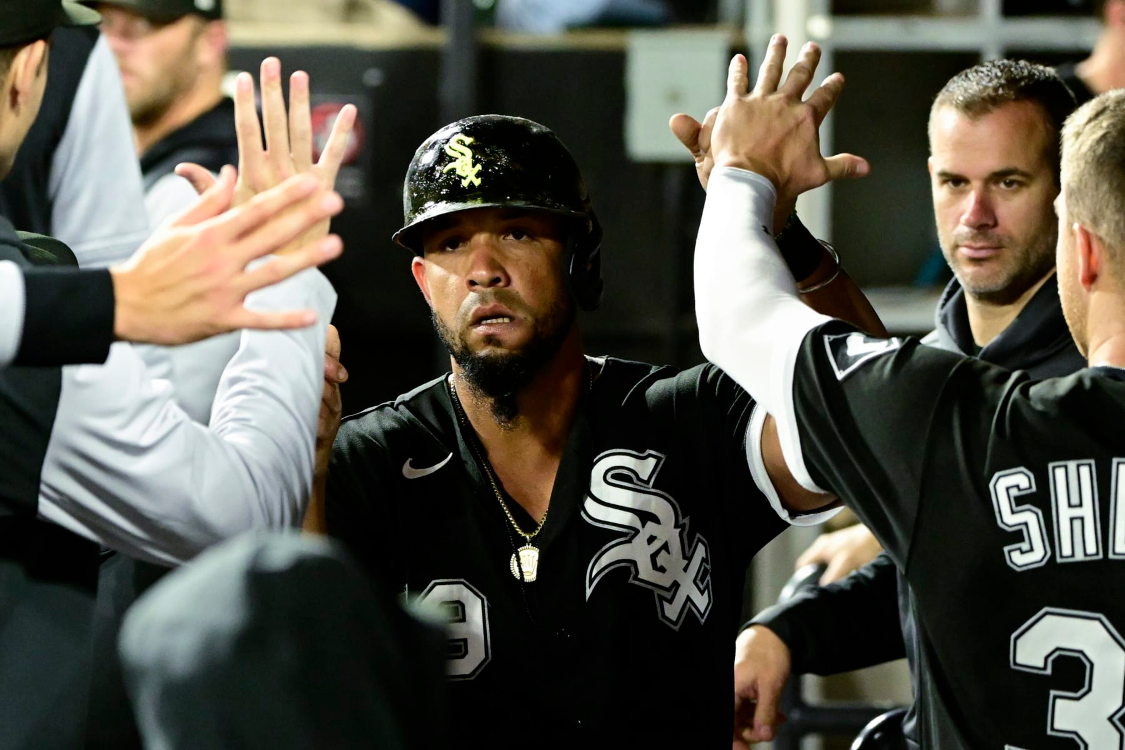 CHICAGO, ILLINOIS - SEPTEMBER 22: Jose Abreu #79 of the Chicago White Sox celebrates in the dugout with teammates after scoring in the first inning against the Cleveland Guardians at Guaranteed Rate Field on September 22, 2022 in Chicago, Illinois. (Photo by Quinn Harris/Getty Images) CHICAGO, ILLINOIS - SEPTEMBER 22: Jose Abreu #79 of the Chicago White Sox celebrates in the dugout with teammates after scoring in the first inning against the Cleveland Guardians at Guaranteed Rate Field on September 22, 2022 in Chicago, Illinois. (Photo by Quinn Harris/Getty Images)