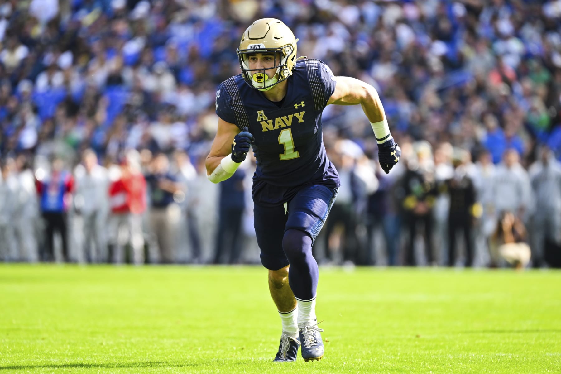 Navy linebacker John Marshall (1) in action during the first half of an NCAA college football game against Notre Dame, Saturday, Nov. 12, 2022, in Baltimore. (AP Photo/Terrance Williams)