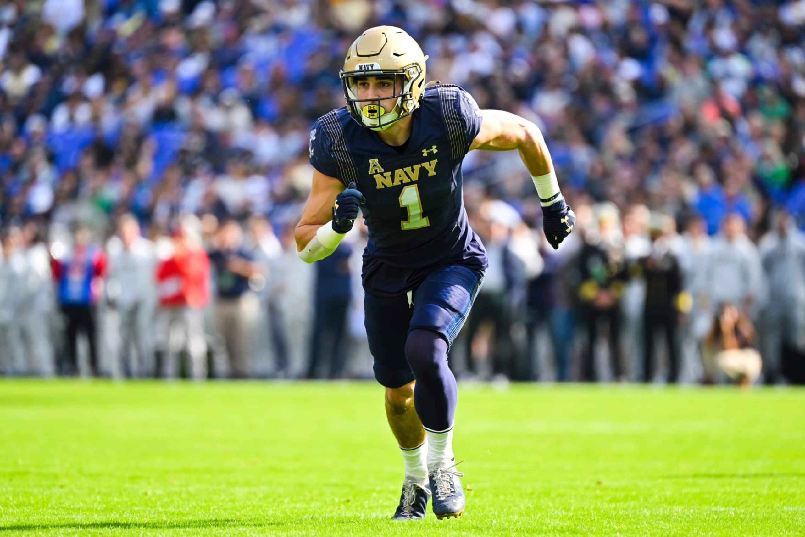 Navy linebacker John Marshall (1) in action during the first half of an NCAA college football game against Notre Dame, Saturday, Nov. 12, 2022, in Baltimore. (AP Photo/Terrance Williams) Navy linebacker John Marshall (1) in action during the first half of an NCAA college football game against Notre Dame, Saturday, Nov. 12, 2022, in Baltimore. (AP Photo/Terrance Williams)
