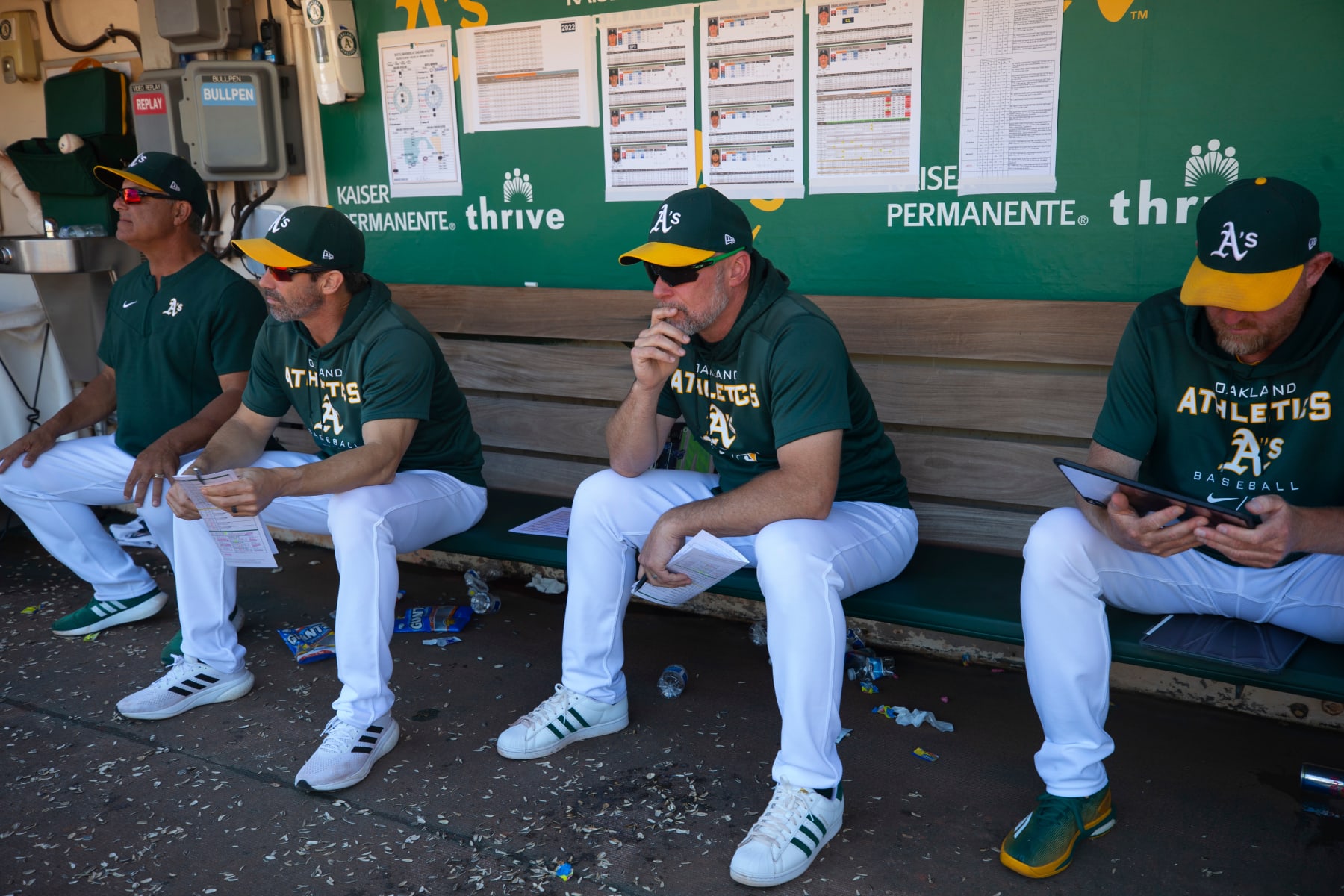 OAKLAND, CA - SEPTEMBER 22: Manager Mark Kotsay #7 of the Oakland Athletics in the dugout during the game against the Seattle Mariners at RingCentral Coliseum on September 22, 2022 in Oakland, California. The Mariners defeated the Athletics 9-5. (Photo by Michael Zagaris/Oakland Athletics/Getty Images)