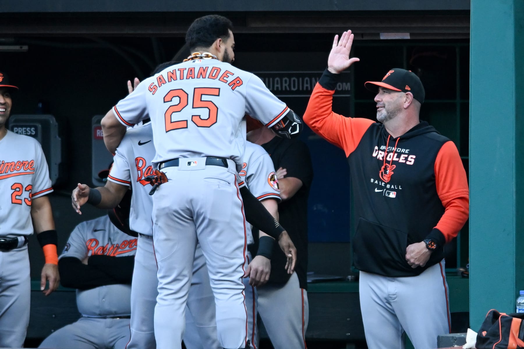 CLEVELAND, OH - SEPTEMBER 01: Manager Brandon Hyde #18 of the Baltimore Orioles celebrates with Anthony Santander #25 after Santander hit a solo home run off Shane Bieber of the Cleveland Guardians during the first inning at Progressive Field on September 01, 2022 in Cleveland, Ohio. (Photo by Nick Cammett/Diamond Images via Getty Images)