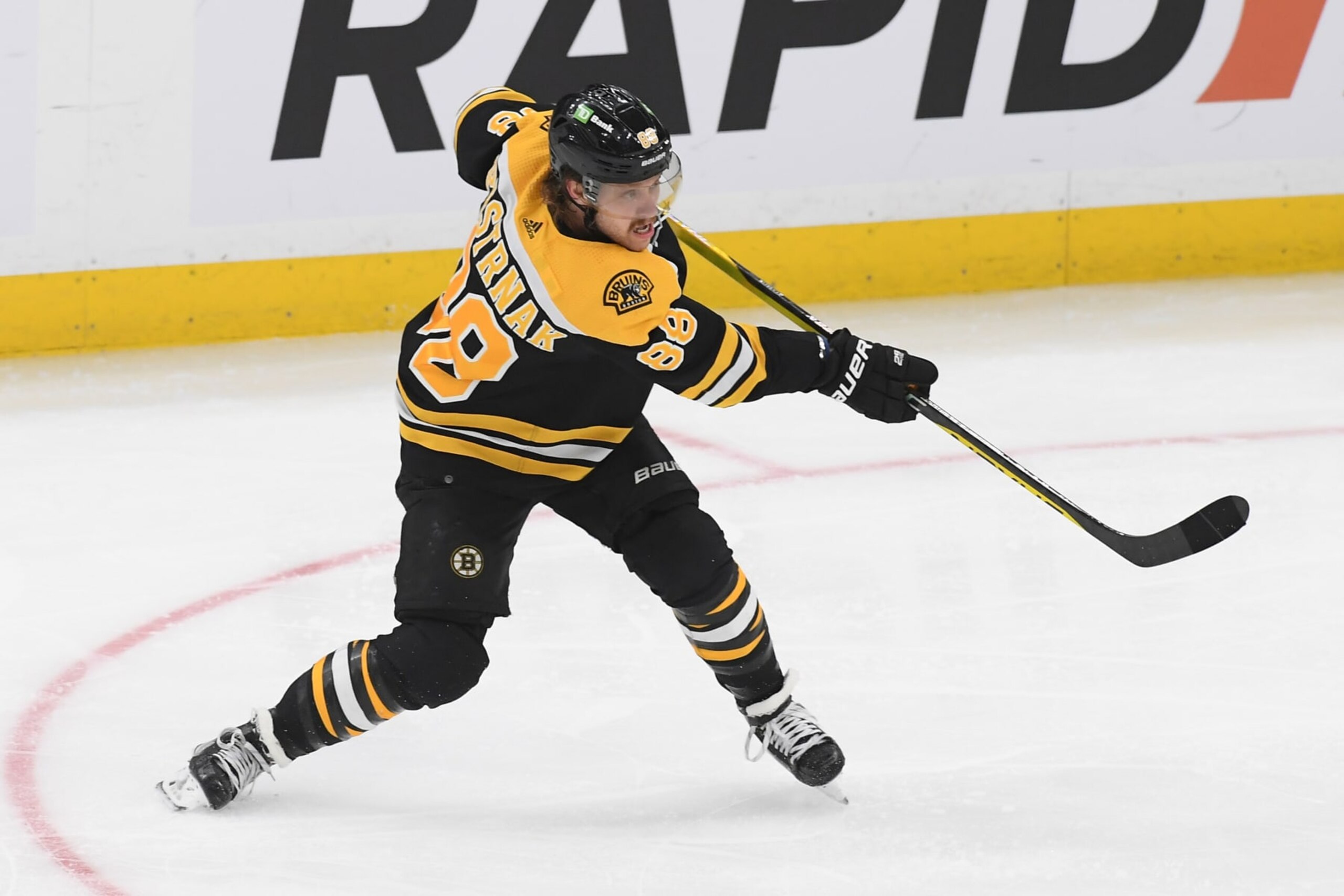 BOSTON, MASSACHUSETTS - NOVEMBER 17: David Pastrnak #88 of the Boston Bruins shoots the puck against the Philadelphia Flyers at the TD Garden on November 17, 2022 in Boston, Massachusetts. (Photo by Steve Babineau/NHLI via Getty Images)
