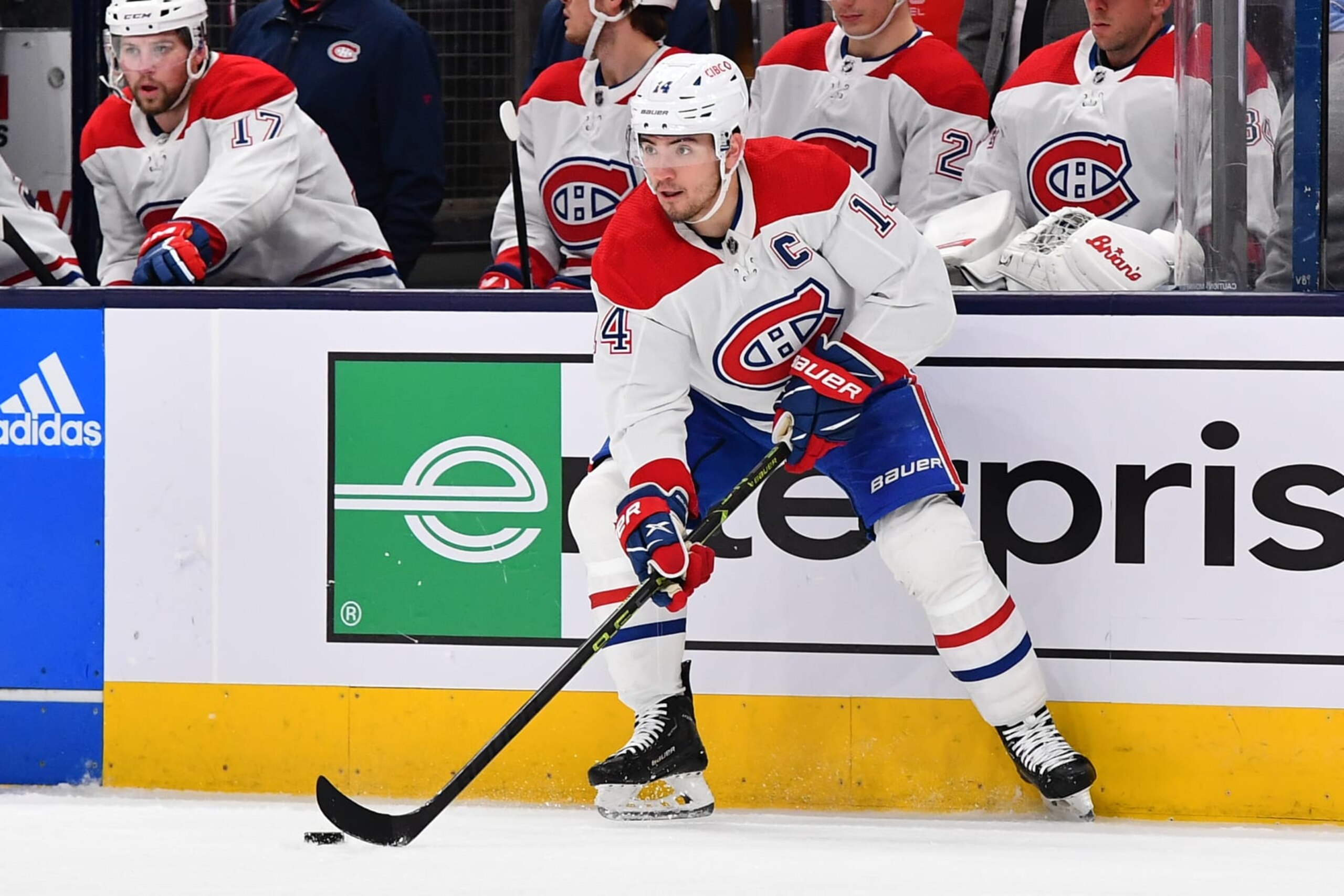 COLUMBUS, OHIO - NOVEMBER 17: Nick Suzuki #14 of the Montreal Canadiens skates with the puck during the second period of a game against the Columbus Blue Jackets at Nationwide Arena on November 17, 2022 in Columbus, Ohio. (Photo by Ben Jackson/NHLI via Getty Images)