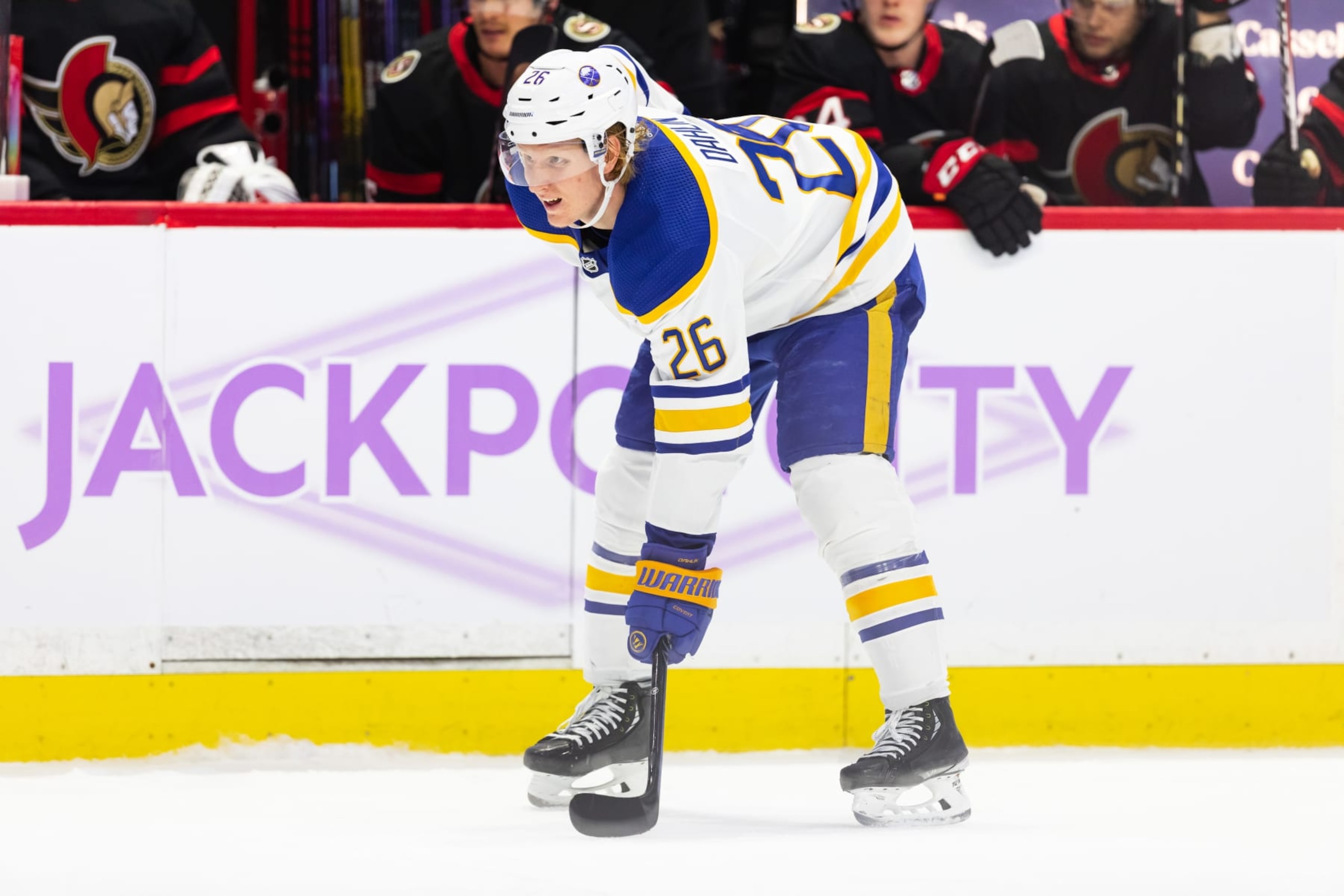 OTTAWA, ON - NOVEMBER 16: Buffalo Sabres Defenceman Rasmus Dahlin (26) before a face-off during third period National Hockey League action between the Buffalo Sabres and Ottawa Senators on November 16, 2022, at Canadian Tire Centre in Ottawa, ON, Canada. (Photo by Richard A. Whittaker/Icon Sportswire via Getty Images)