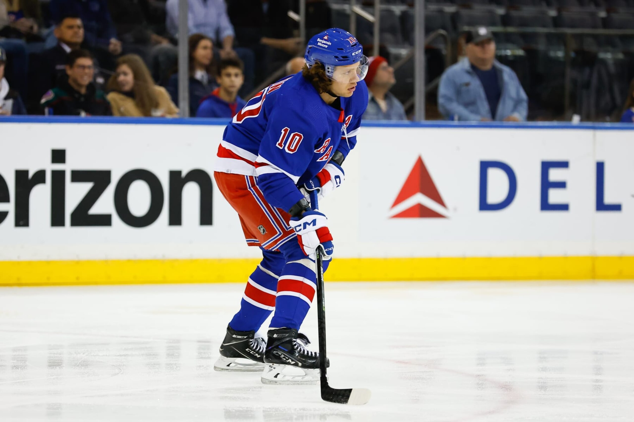 NEW YORK, NY - NOVEMBER 13: Artemi Panarin #10 of the New York Rangers skates during the first period of the game against the Arizona Coyotes on November 13, 2022 at Madison Square Garden in New York, New York. (Photo by Rich Graessle/Getty Images)