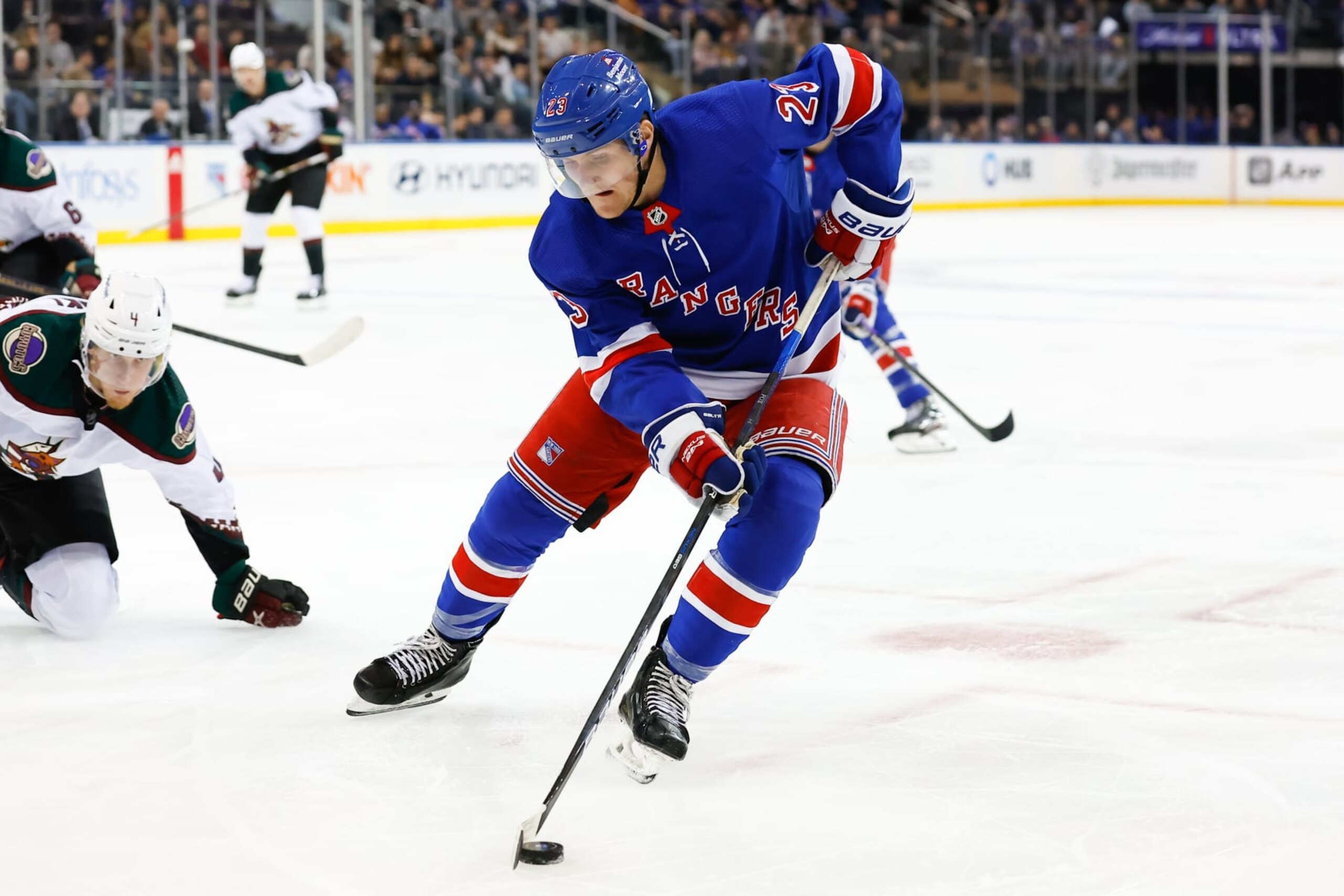 NEW YORK, NY - NOVEMBER 13: Adam Fox #23 of the New York Rangers skates during the second period of the game against the Arizona Coyotes on November 13, 2022 at Madison Square Garden in New York, New York. (Photo by Rich Graessle/Getty Images)