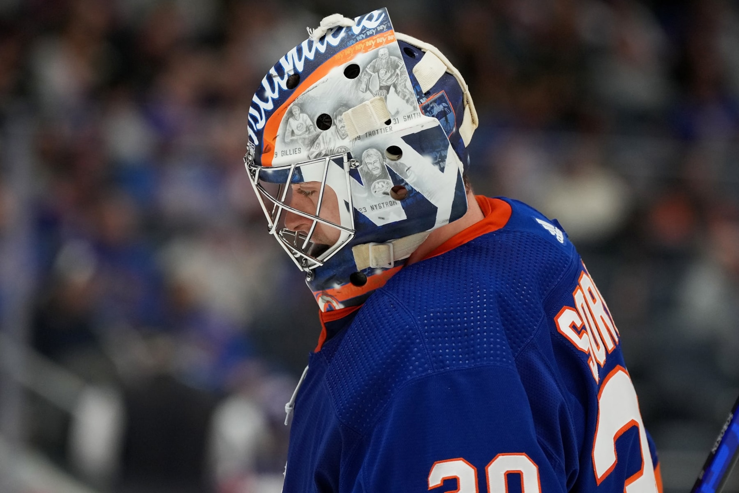 ELMONT, NEW YORK - NOVEMBER 12: Ilya Sorokin #30 of the New York Islanders looks on against Columbus Blue Jackets at UBS Arena on November 12, 2022 in Elmont, New York. (Photo by Dennis DaSilva/NHLI via Getty Images)