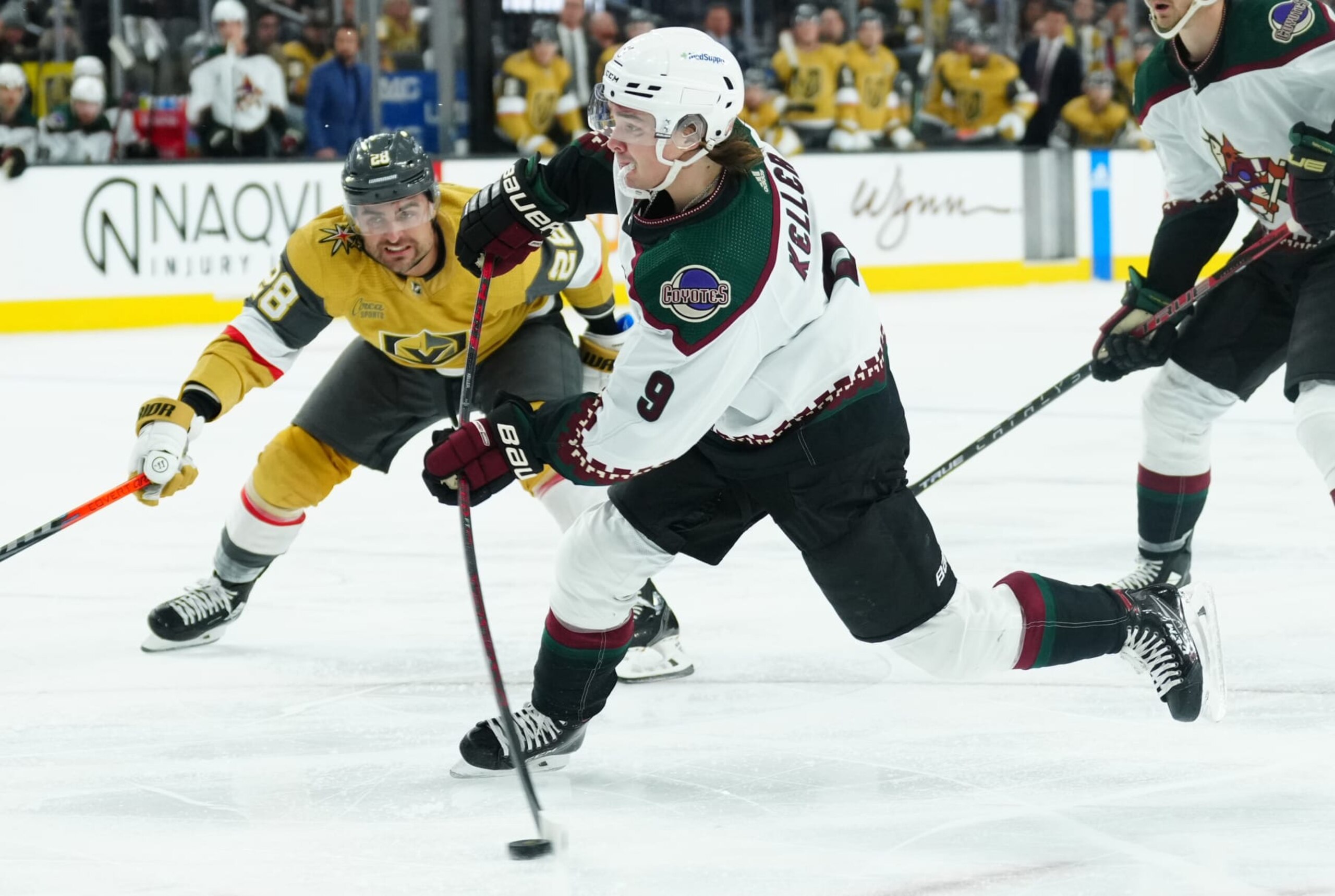LAS VEGAS, NEVADA - NOVEMBER 17: Clayton Keller #9 of the Arizona Coyotes shoots the puck during the second period against the Vegas Golden Knights at T-Mobile Arena on November 17, 2022 in Las Vegas, Nevada. (Photo by Jeff Bottari/NHLI via Getty Images)