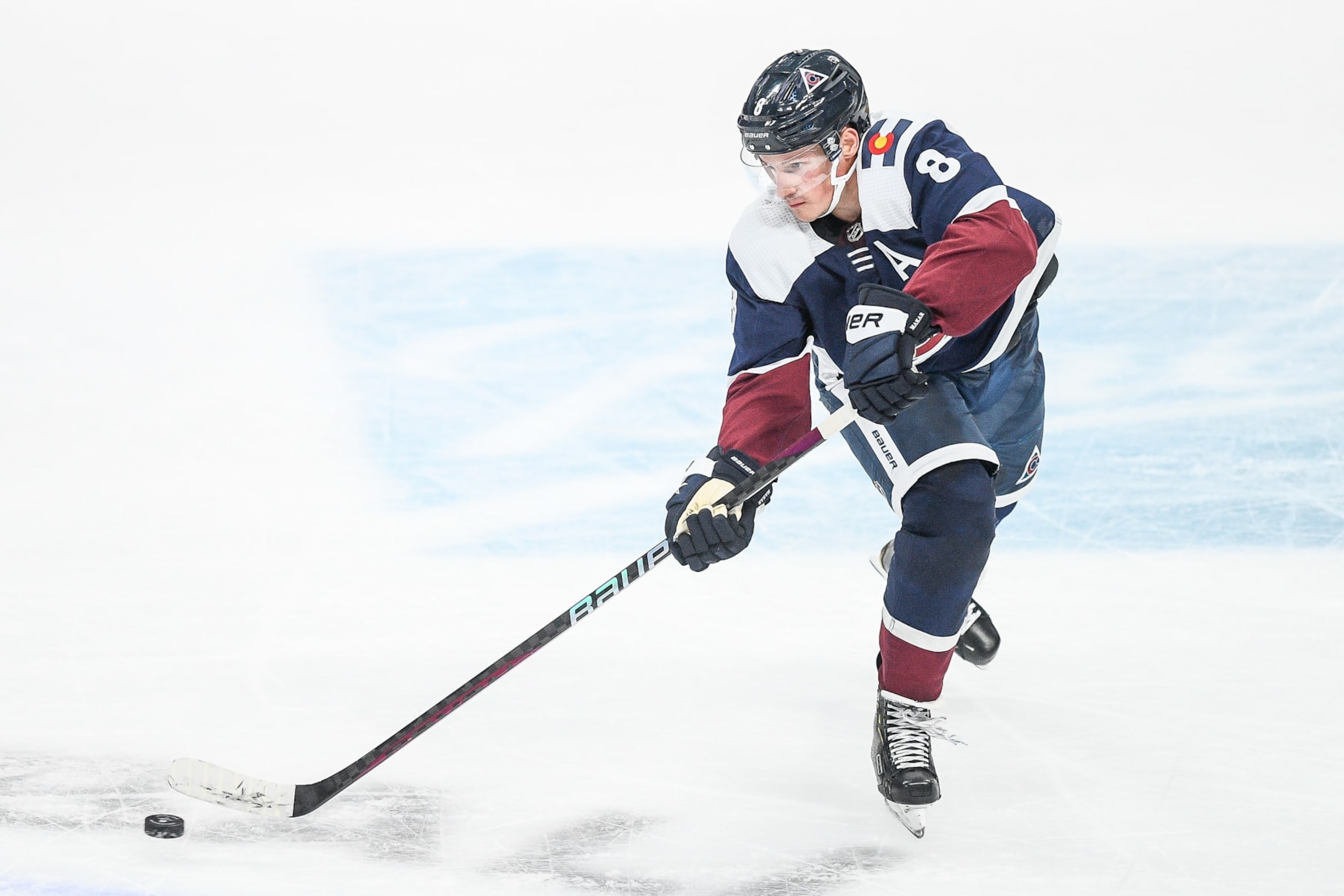 DENVER, COLORADO - NOVEMBER 14:  Cale Makar #8 of the Colorado Avalanche skates against the St. Louis Blues in the third period of a game at Ball Arena on November 14, 2022 in Denver, Colorado. (Photo by Dustin Bradford/Getty Images)