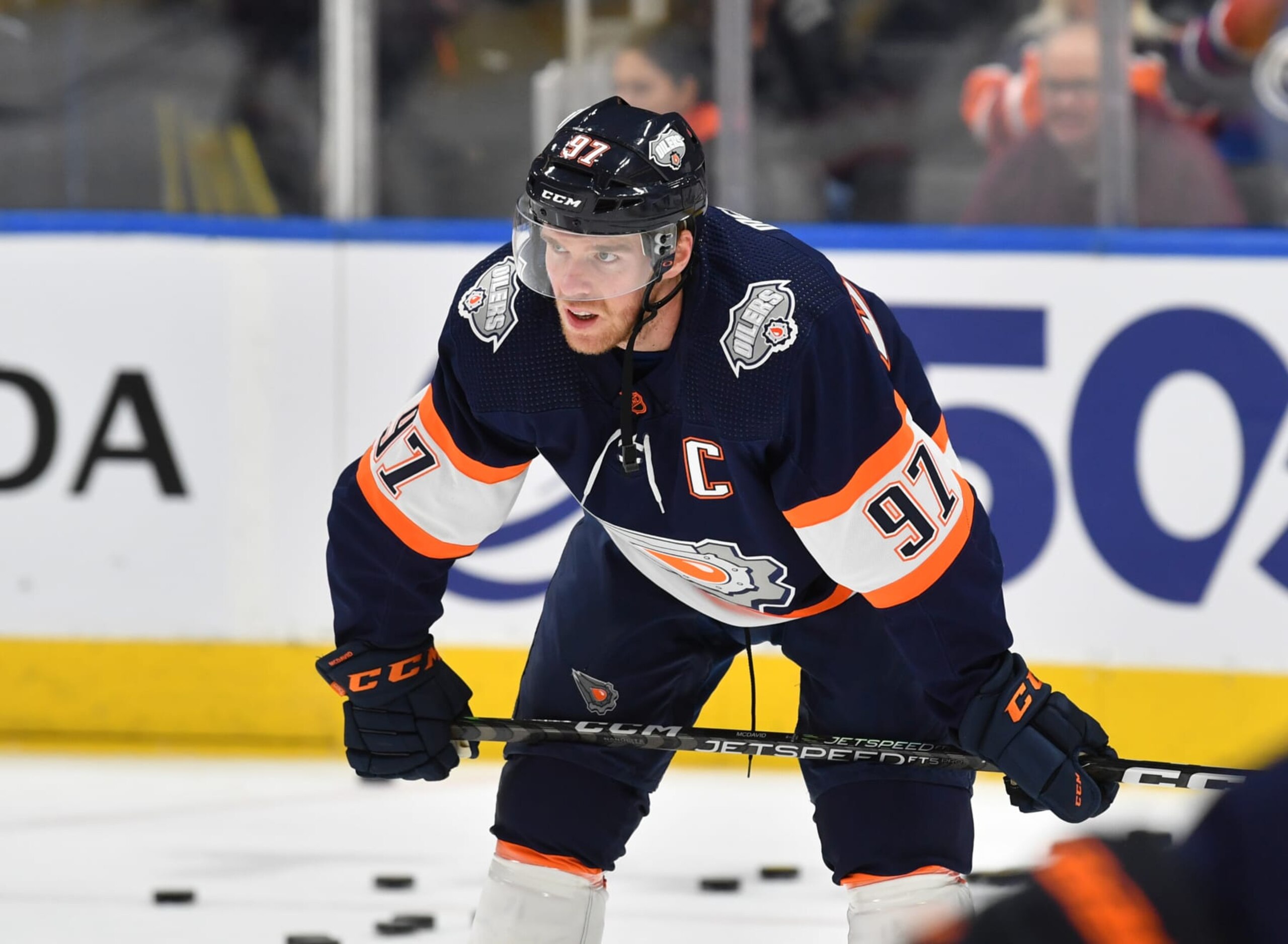 EDMONTON, CANADA - NOVEMBER 16: Connor McDavid #97 of the Edmonton Oilers looks on during warm ups before the game against the Los Angeles Kings on November 16, 2022 at Rogers Place in Edmonton, Alberta, Canada. (Photo by Andy Devlin/NHLI via Getty Images)