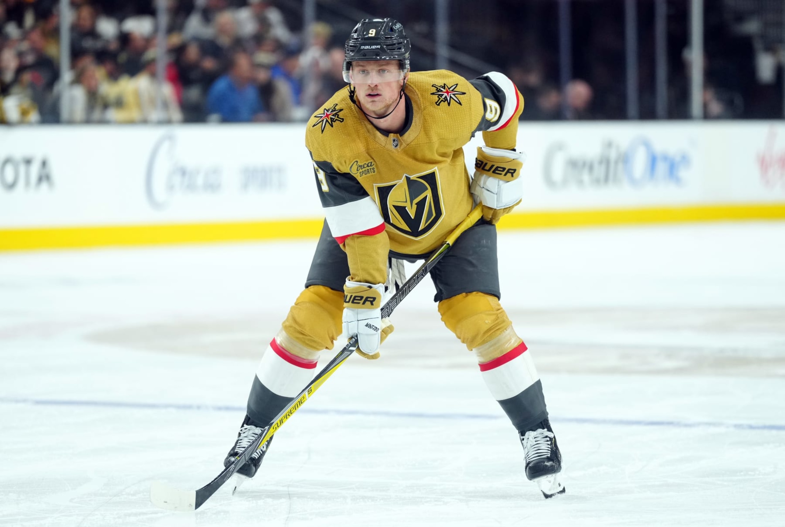 LAS VEGAS, NEVADA - NOVEMBER 17: Jack Eichel #9 of the Vegas Golden Knights skates during the first period against the Arizona Coyotes at T-Mobile Arena on November 17, 2022 in Las Vegas, Nevada. (Photo by Jeff Bottari/NHLI via Getty Images)