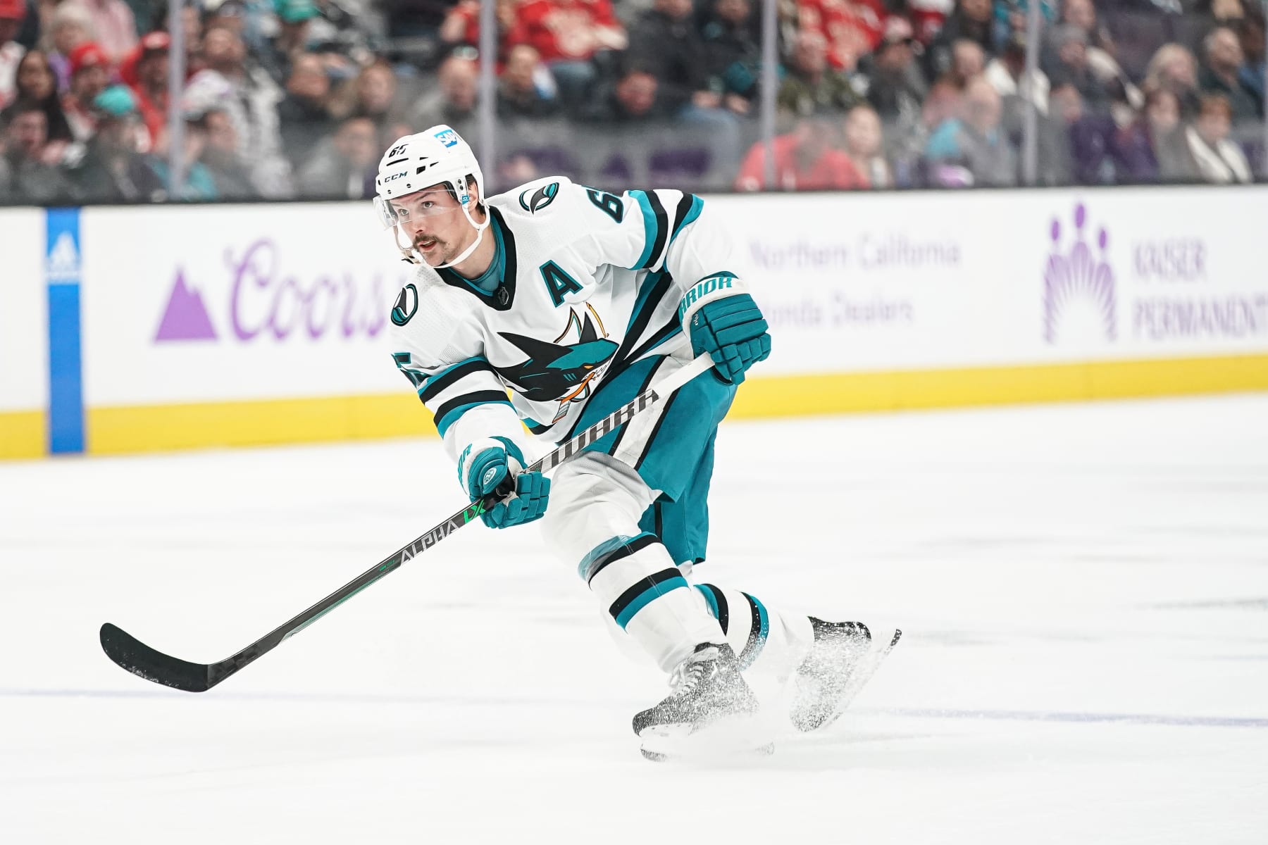 SAN JOSE, CA - NOVEMBER 17: Erik Karlsson #65 of the San Jose Sharks takes a shot on goal against the Detroit Red Wings at SAP Center on November 17, 2022 in San Jose, California. (Photo by Kavin Mistry/NHLI via Getty Images)
